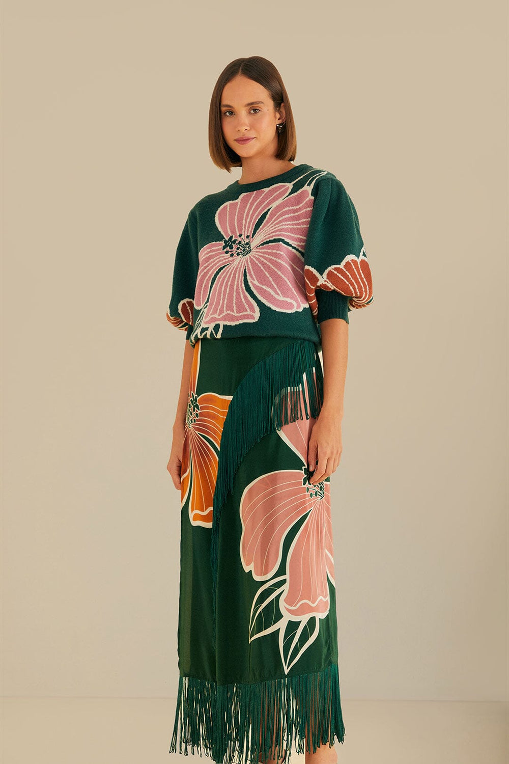 Green Honolulu Flowers Fringe Maxi Skirt – FARM Rio
