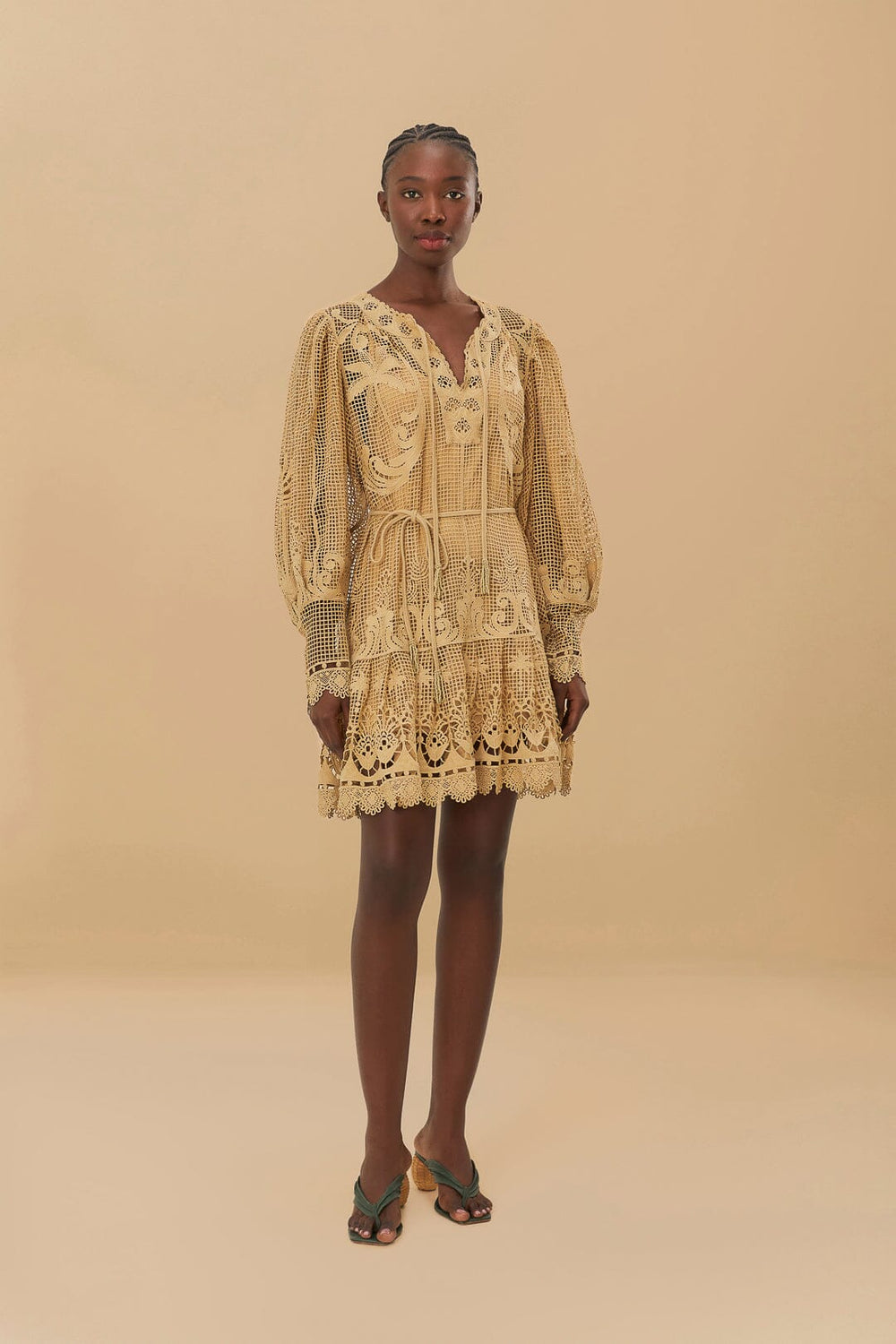 Sand Tropical Flight Guipure Mini Dress – FARM Rio