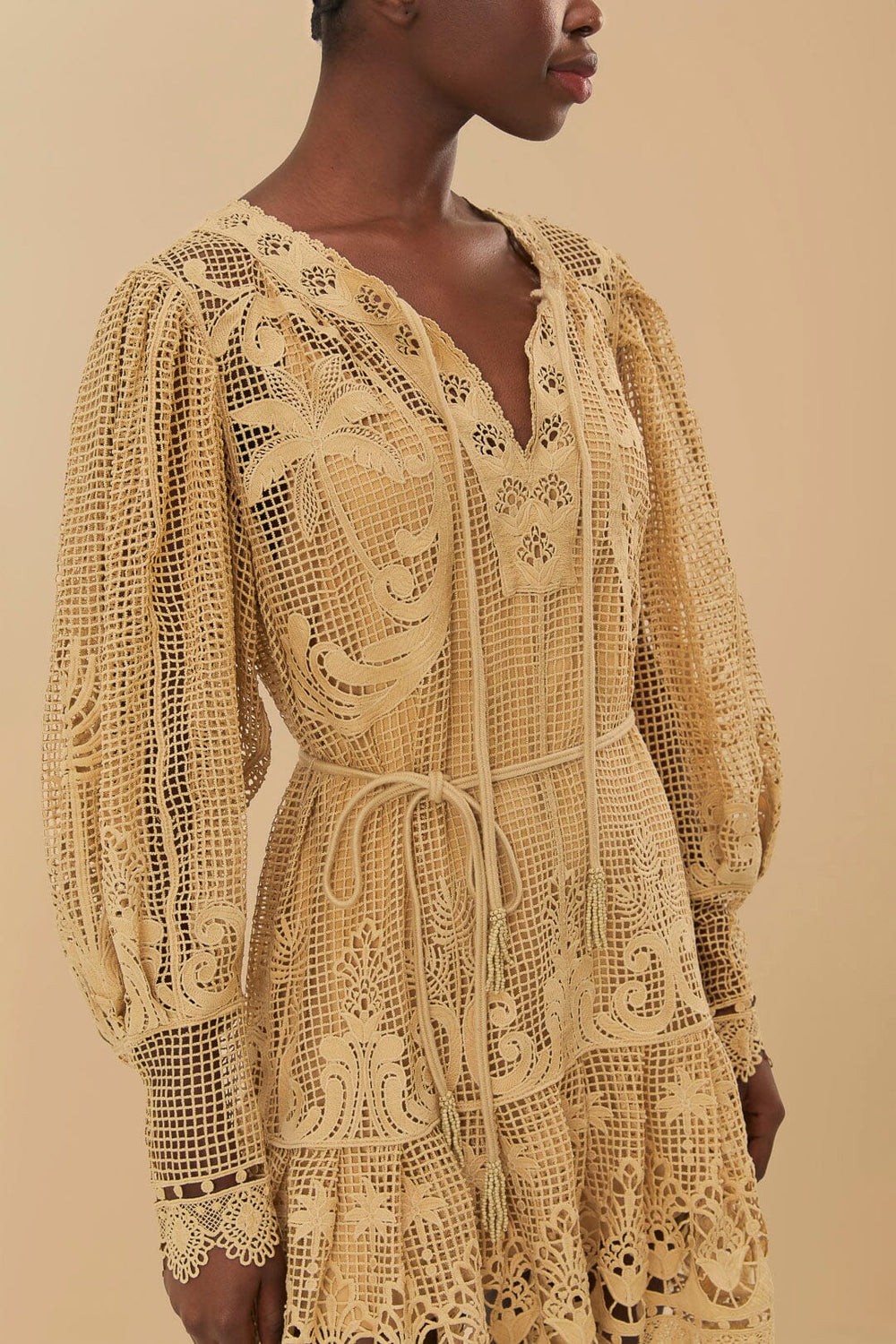 Sand Tropical Flight Guipure Mini Dress – FARM Rio