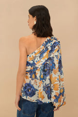 Off-White Summer Flowers 3D Rose One-Shoulder Blouse – FARM Rio