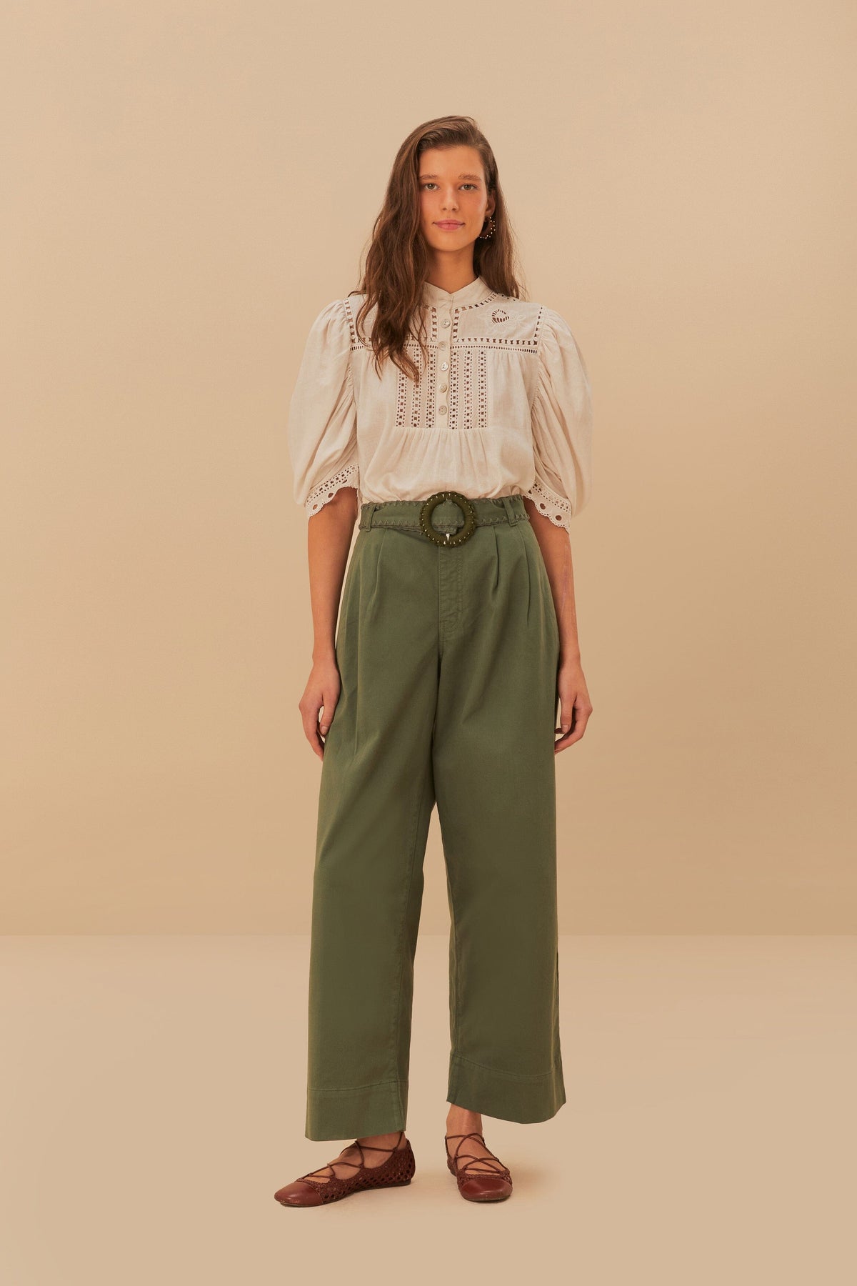 Green Twill Pleated Wide Pants – FARM Rio