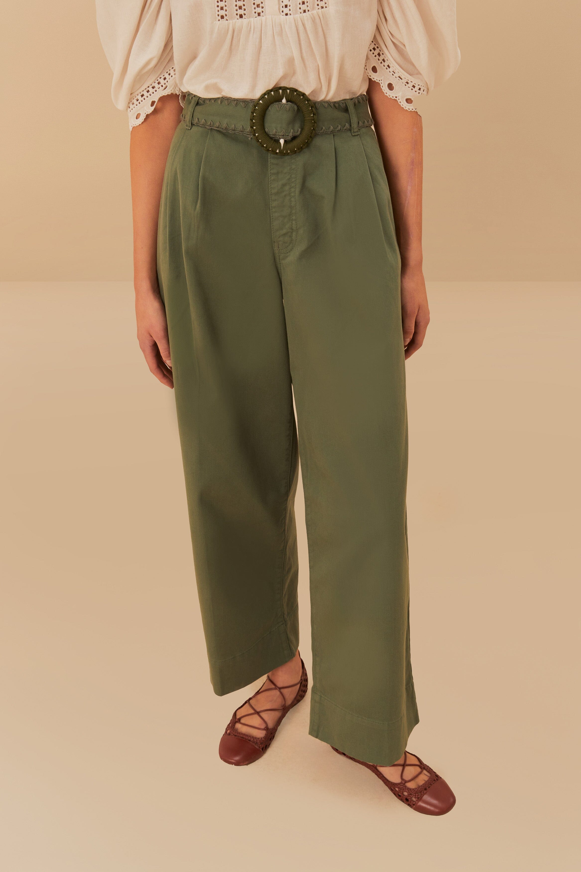 Green Twill Pleated Wide Pants – FARM Rio