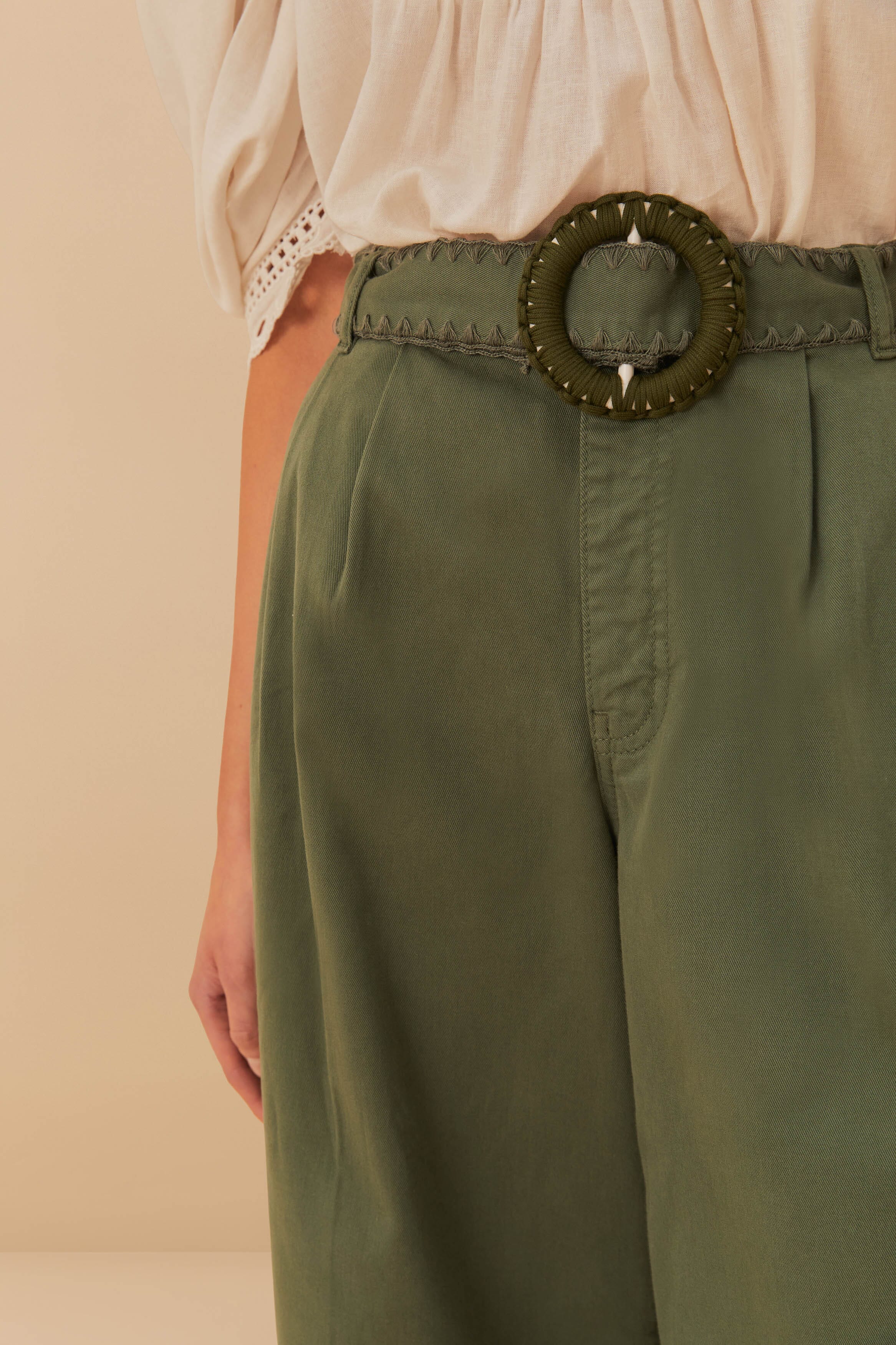 Green Twill Pleated Wide Pants – FARM Rio