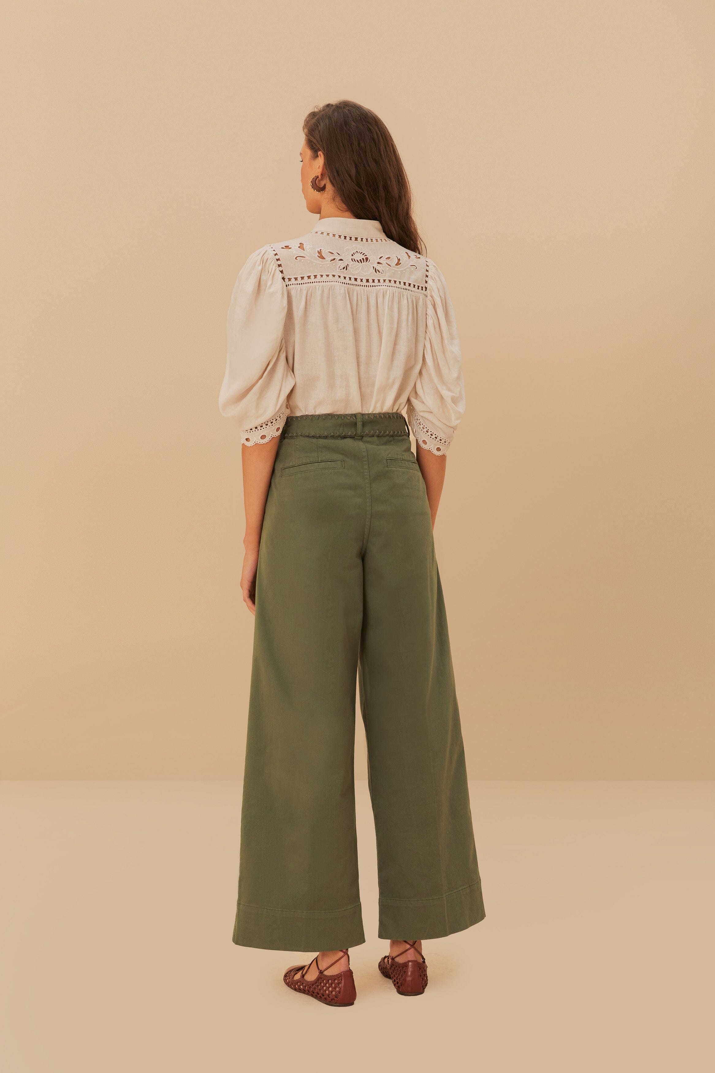 Green Twill Pleated Wide Pants – FARM Rio