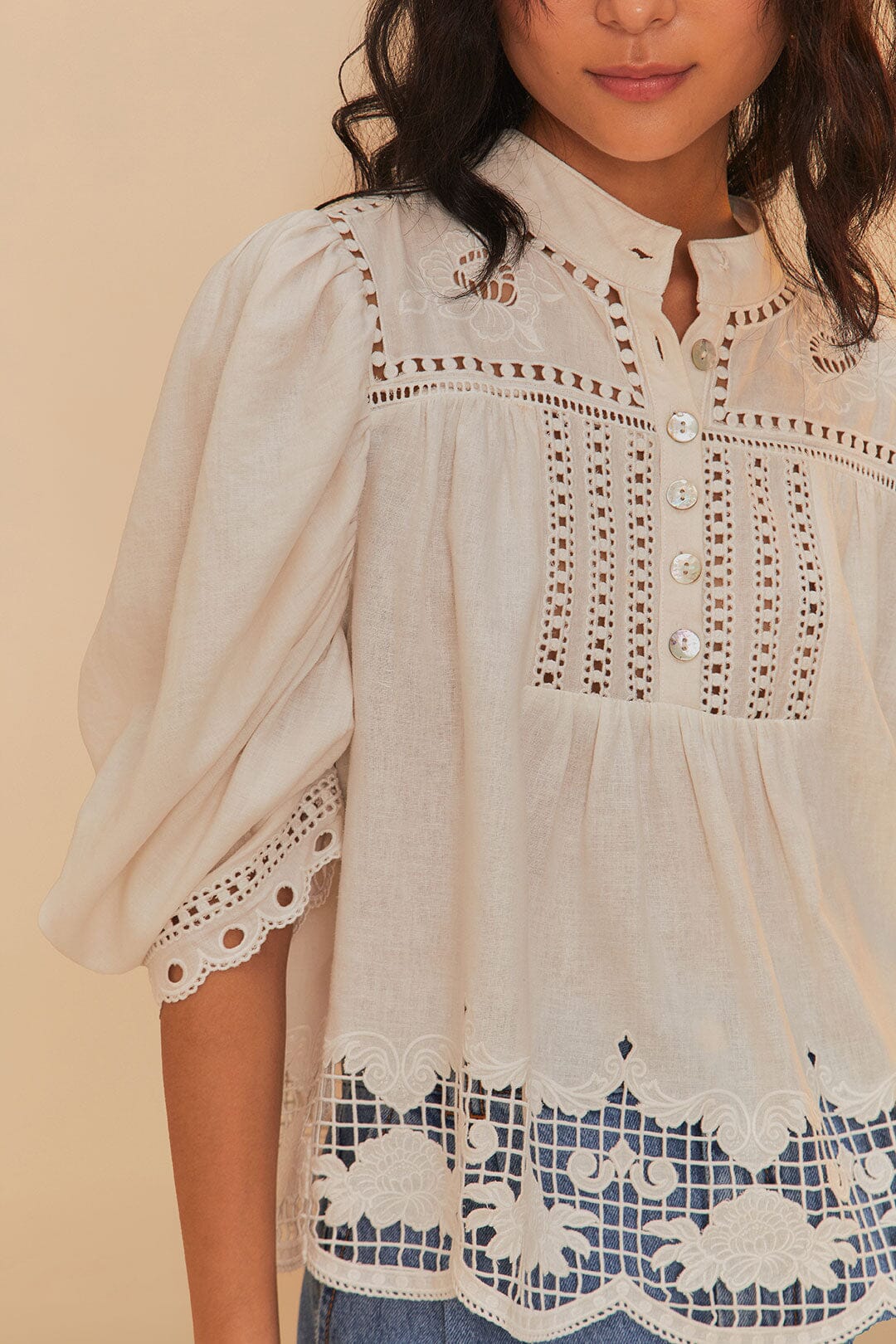 Off-White Romantic Richelieu LENZING™ ECOVERO™ Euroflax™ Blouse – FARM Rio