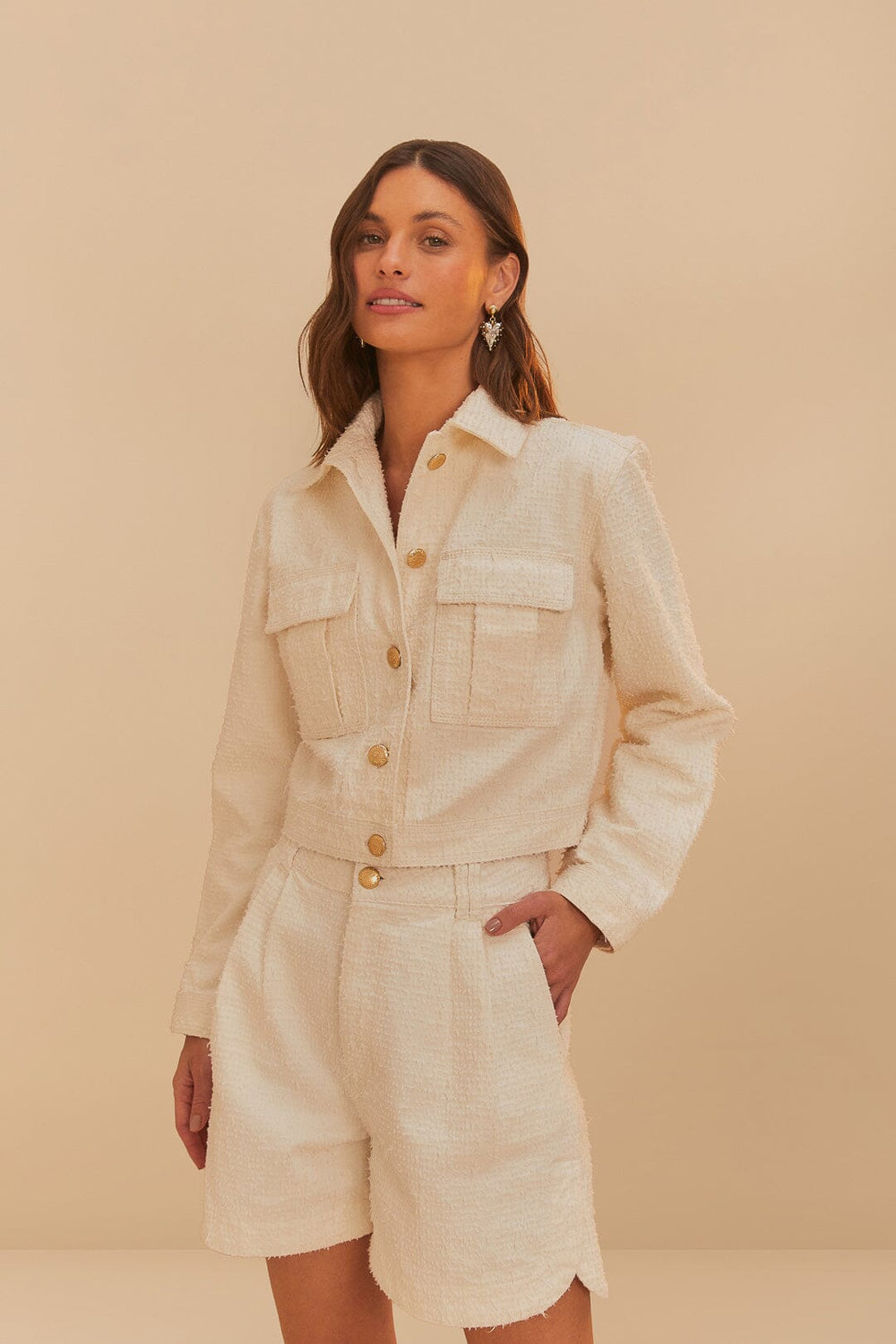 Off-White Twill Laser Pleated Shorts – FARM Rio