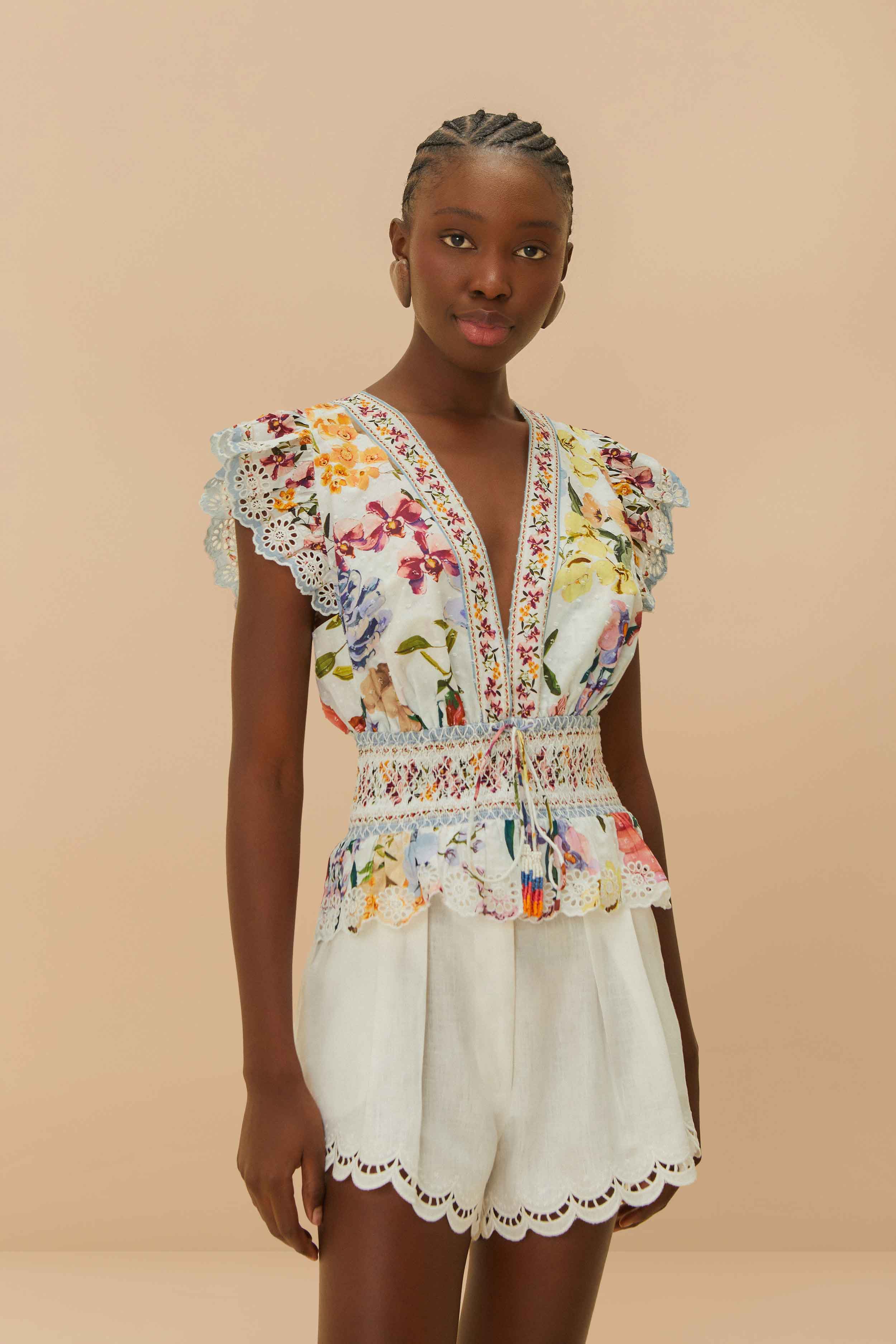 Off-White Greek Garden Smocked Blouse – FARM Rio