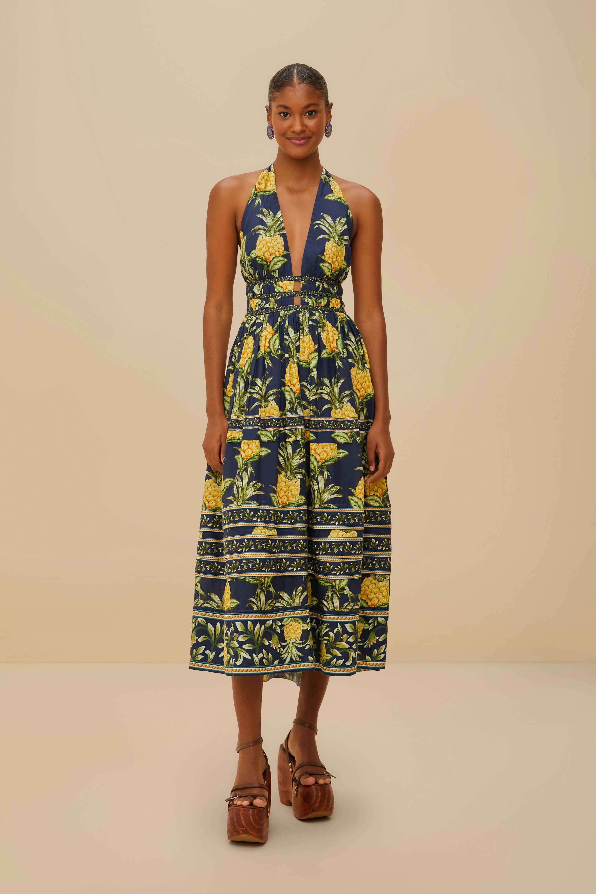 Delicate Pineapple Navy Blue Midi Dress Sleeveless – FARM Rio