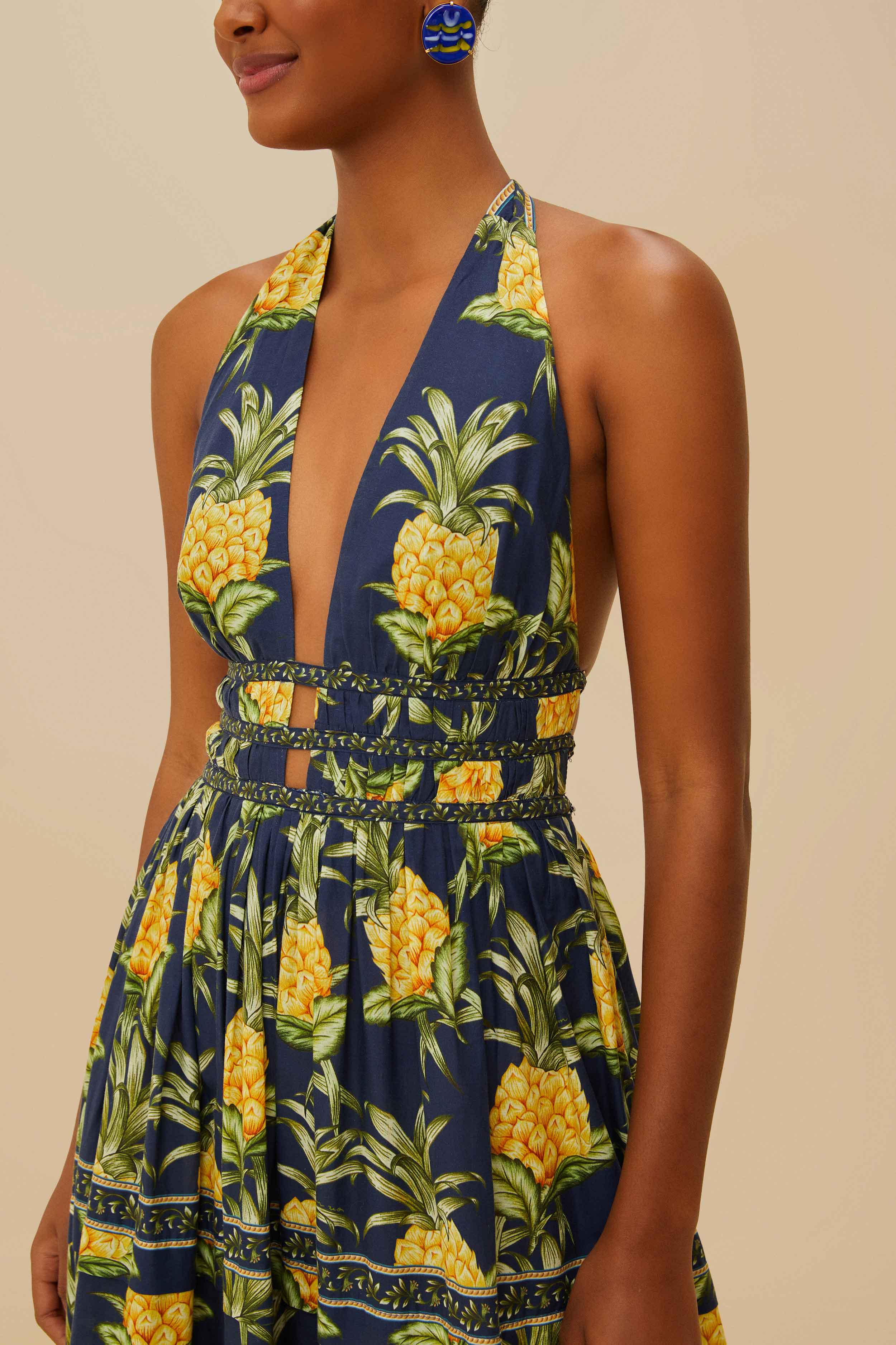 Delicate Pineapple Navy Blue Midi Dress Sleeveless – FARM Rio