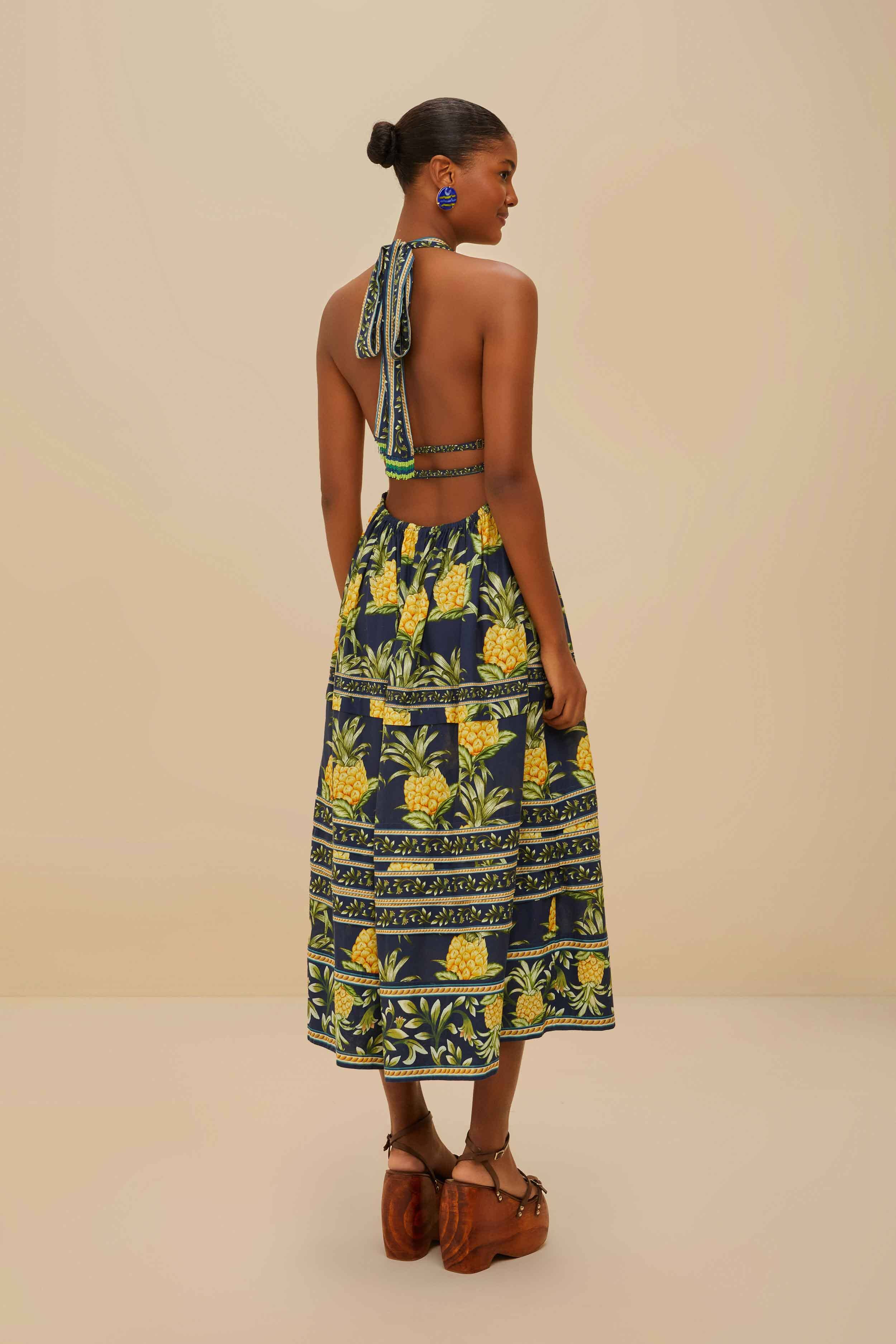 Delicate Pineapple Navy Blue Midi Dress Sleeveless – FARM Rio