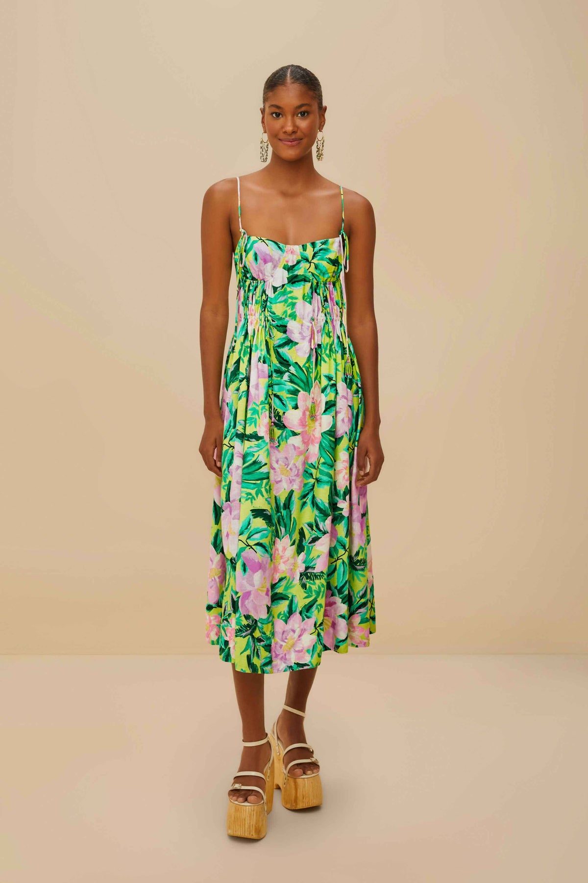 Green Painted Flowers LENZING™ ECOVERO™ Euroflax™ Midi Dress – FARM Rio