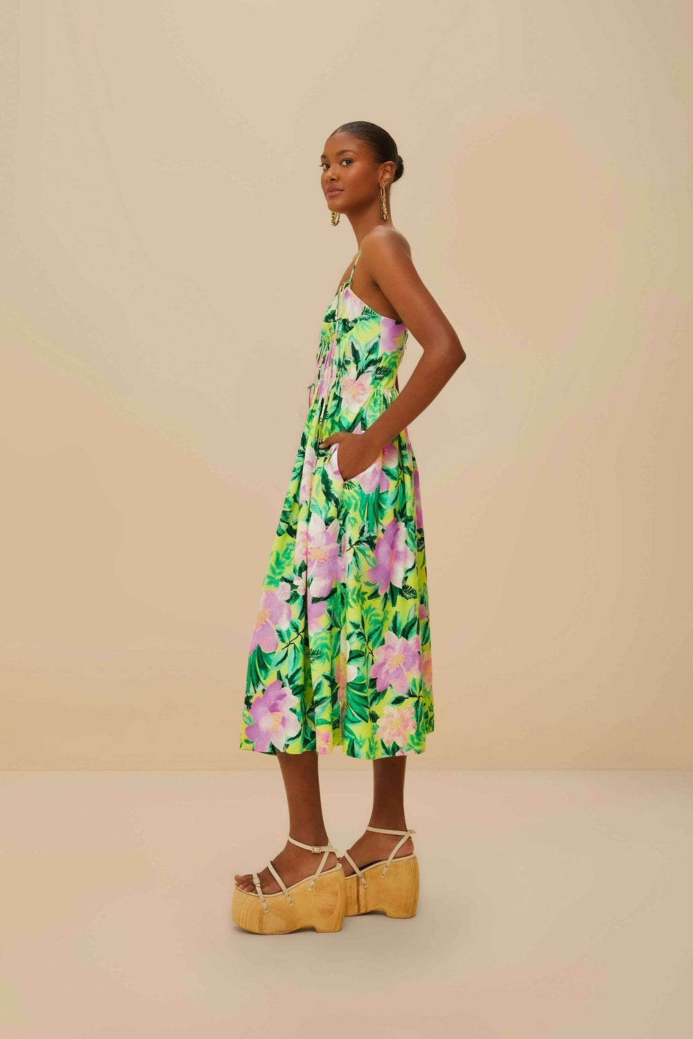 Green Painted Flowers LENZING™ ECOVERO™ Euroflax™ Midi Dress – FARM Rio