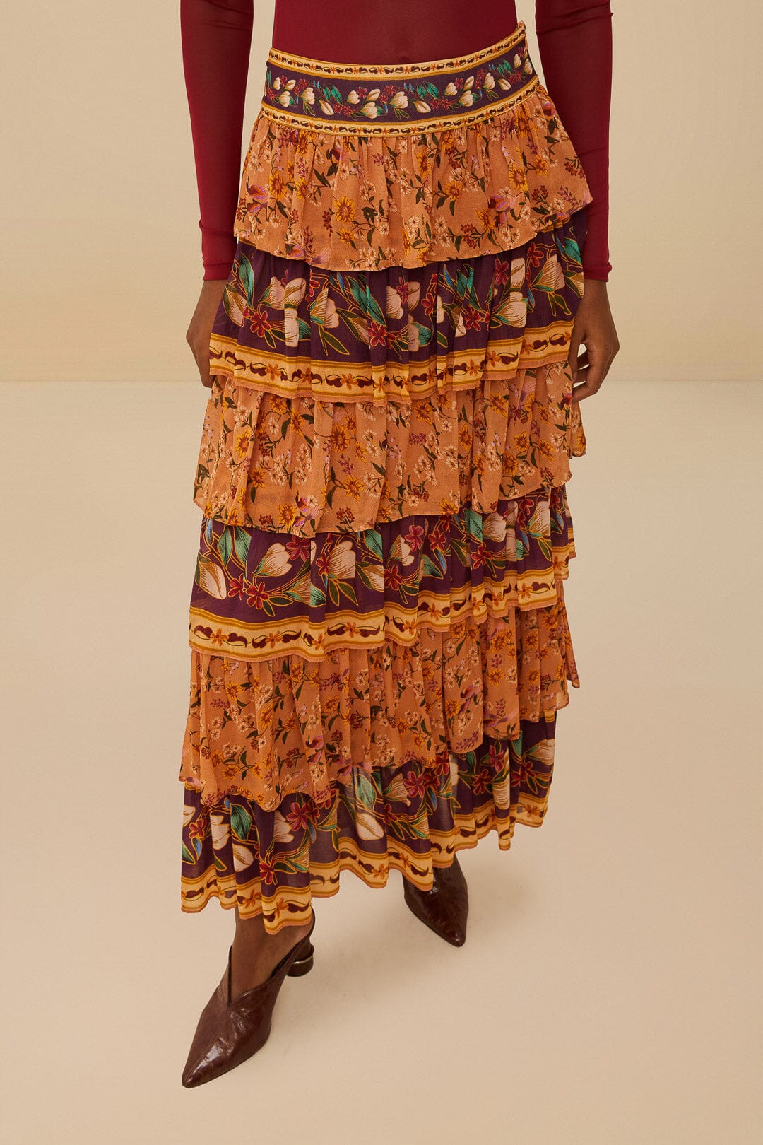 Colorful Birds Camel Ruffles Midi Skirt – FARM Rio