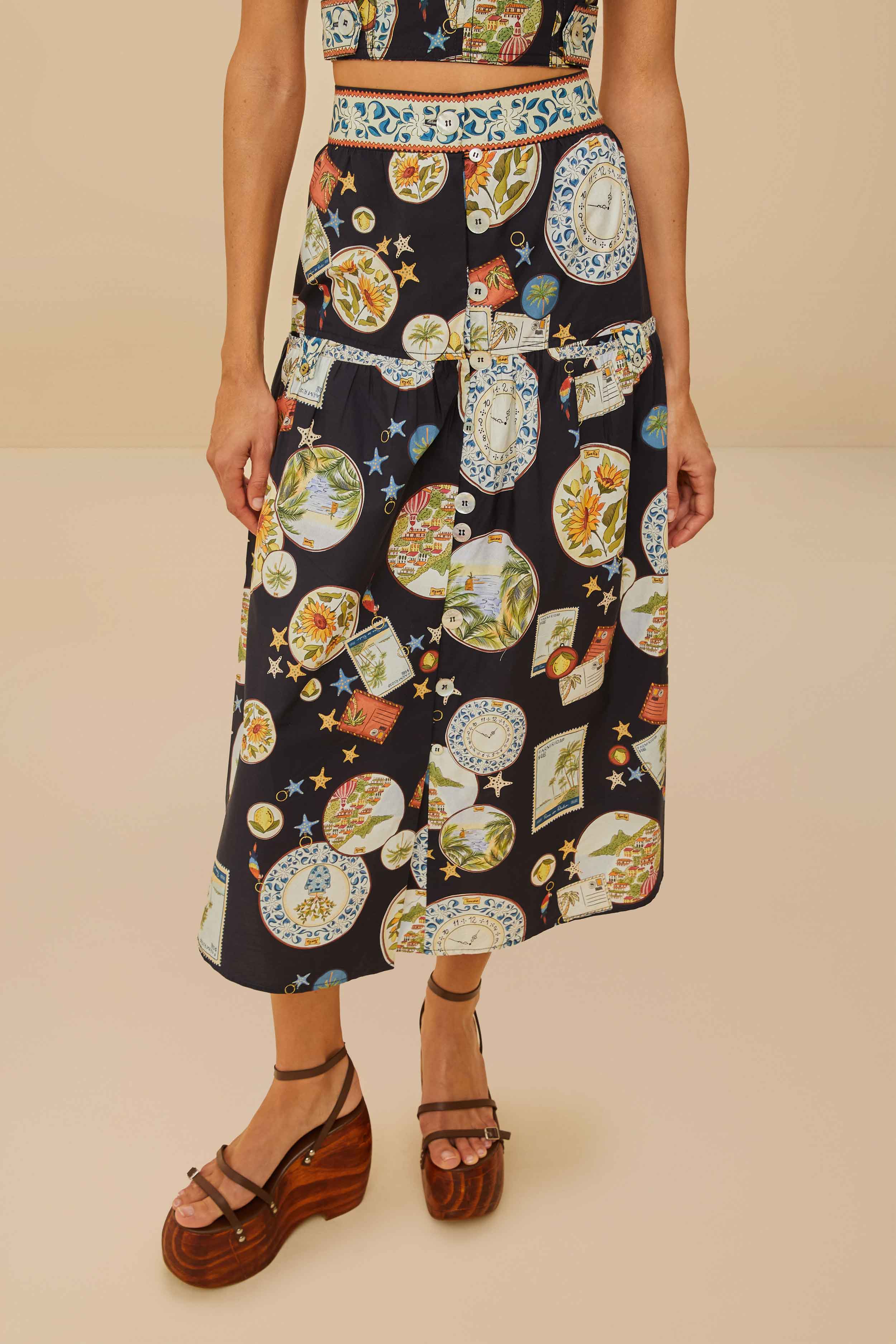 Black Trip Souvenir Organic Cotton Midi Skirt – FARM Rio