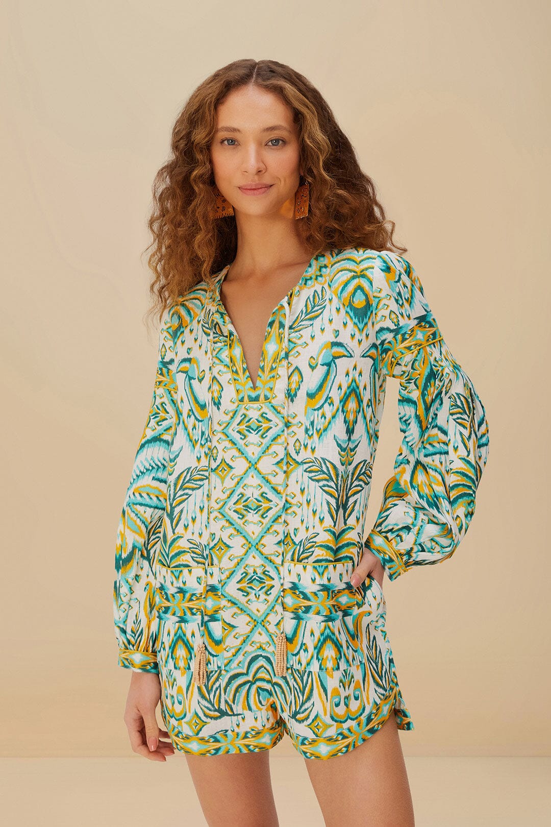 Off-White Tropical Tapestry Euroflax™ Premium Linen Romper – FARM Rio