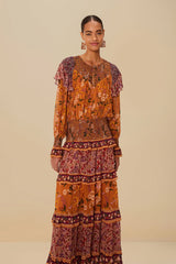 Colorful Birds Camel Smocking Long Sleeve Maxi Dress – FARM Rio