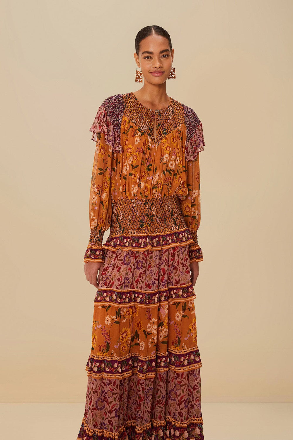 Colorful Birds Camel Smocking Long Sleeve Maxi Dress – FARM Rio