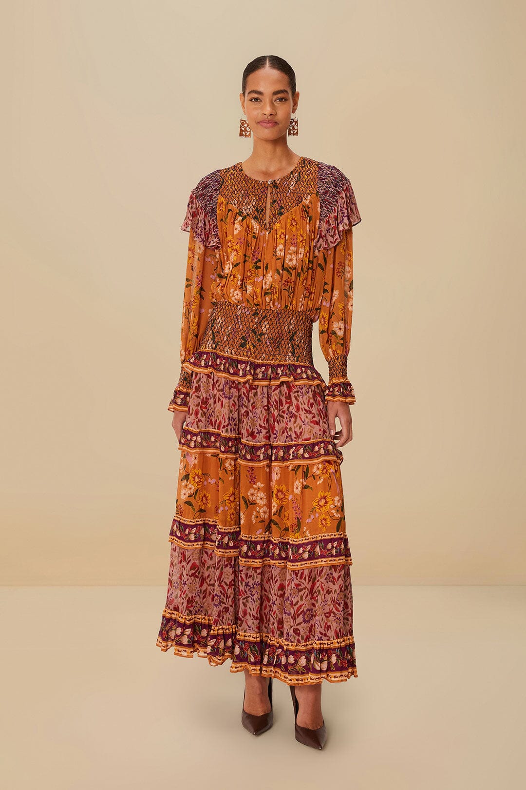 Colorful Birds Camel Smocking Long Sleeve Maxi Dress – FARM Rio