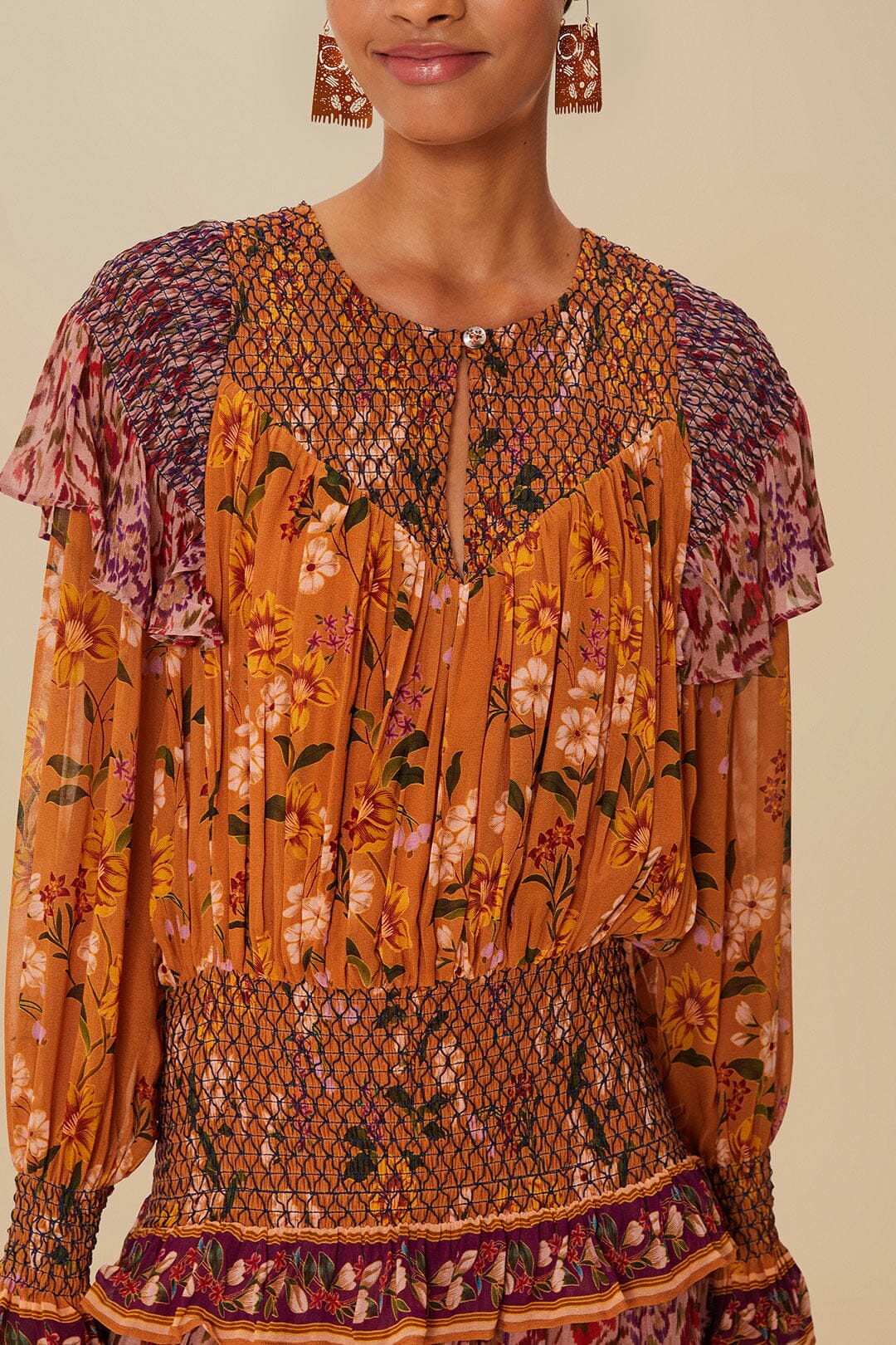 Colorful Birds Camel Smocking Long Sleeve Maxi Dress – FARM Rio