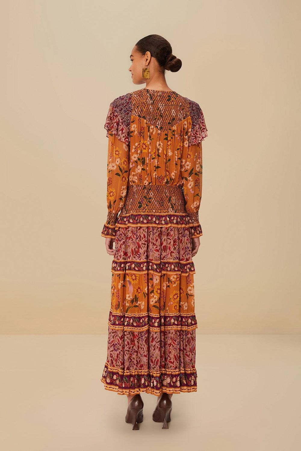 Colorful Birds Camel Smocking Long Sleeve Maxi Dress – FARM Rio