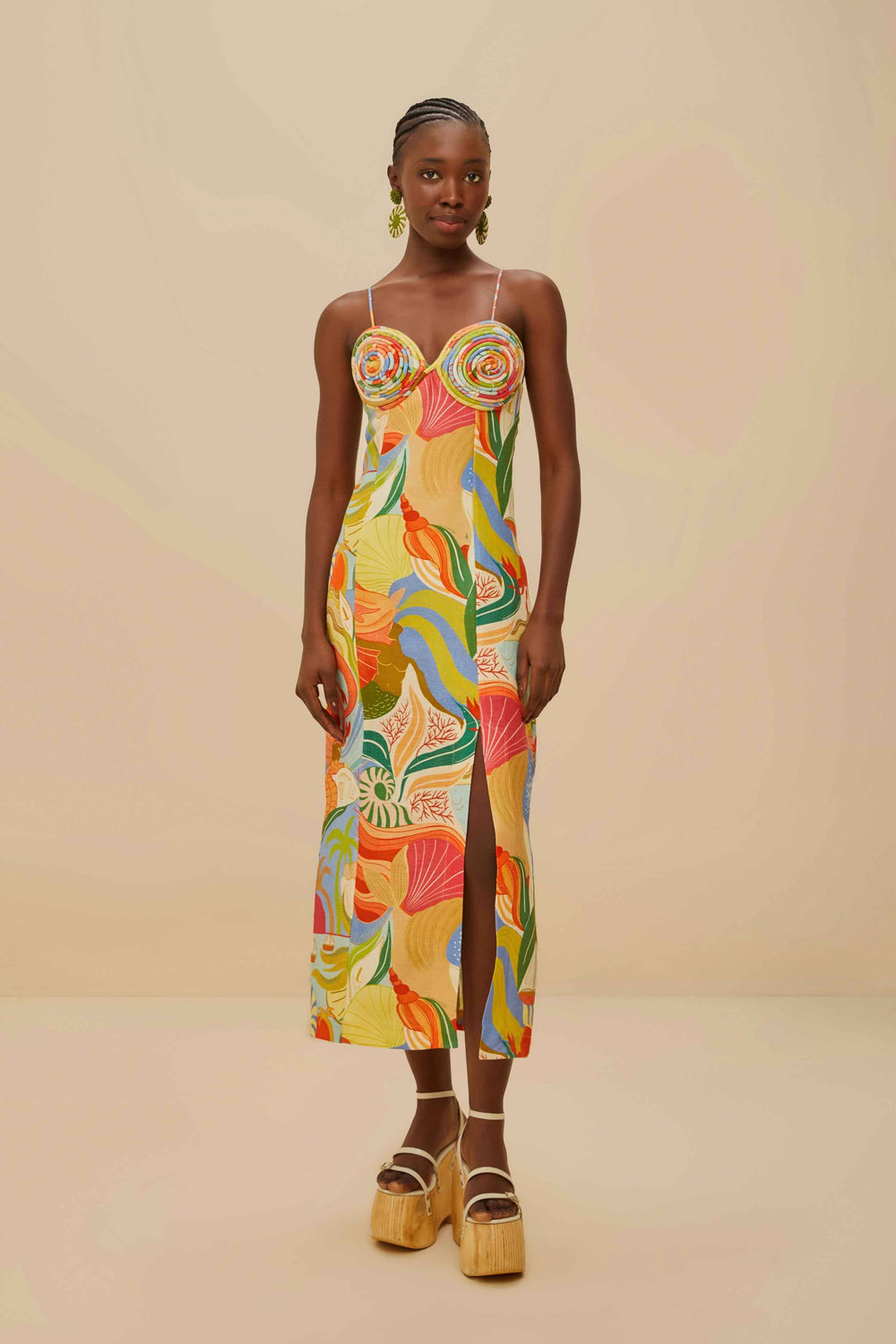 Multicolor Ocean View Twisted Cups Euroflax™ Premium Linen Midi Dress – FARM Rio