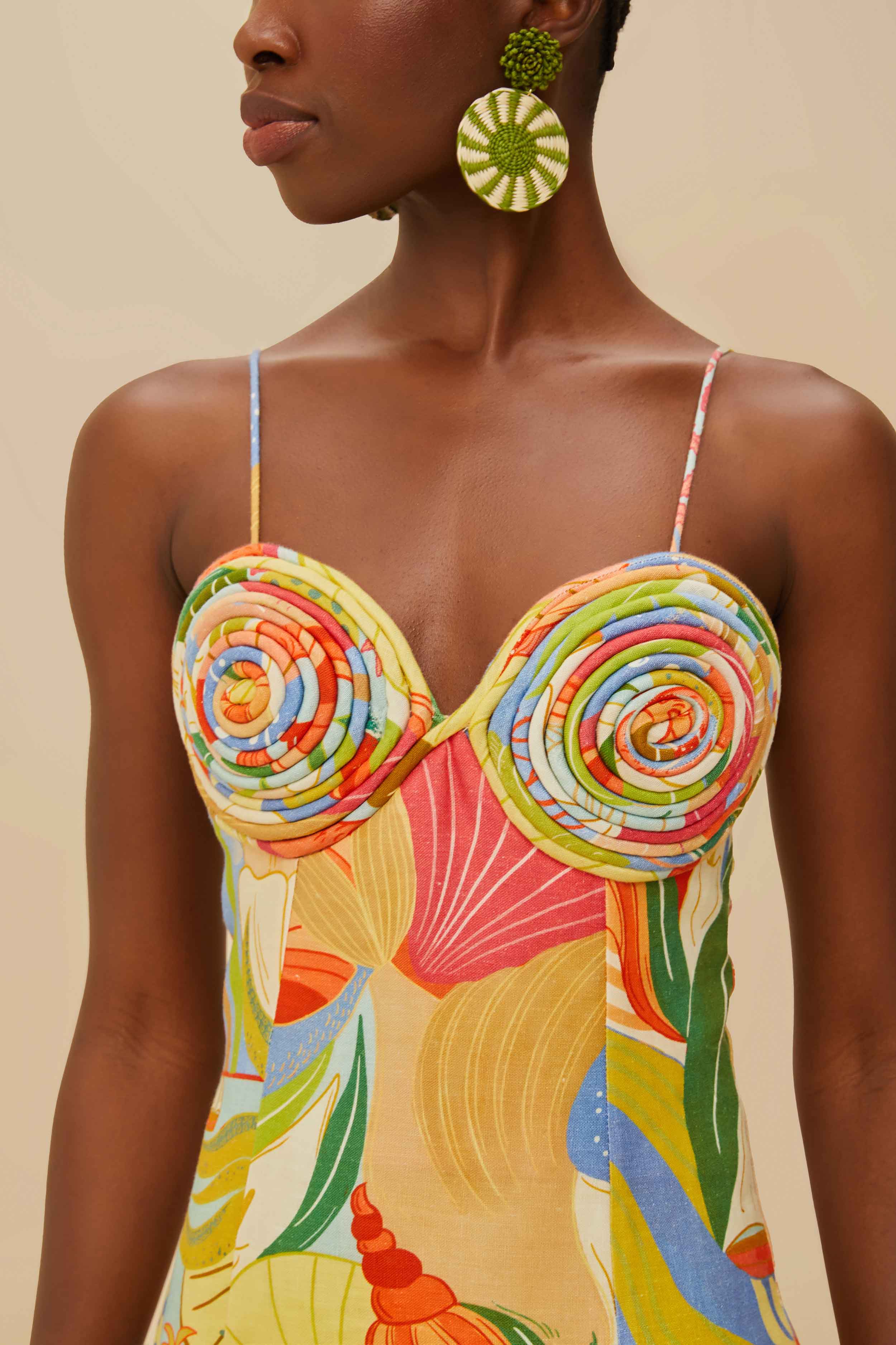 Multicolor Ocean View Twisted Cups Euroflax™ Premium Linen Midi Dress – FARM Rio