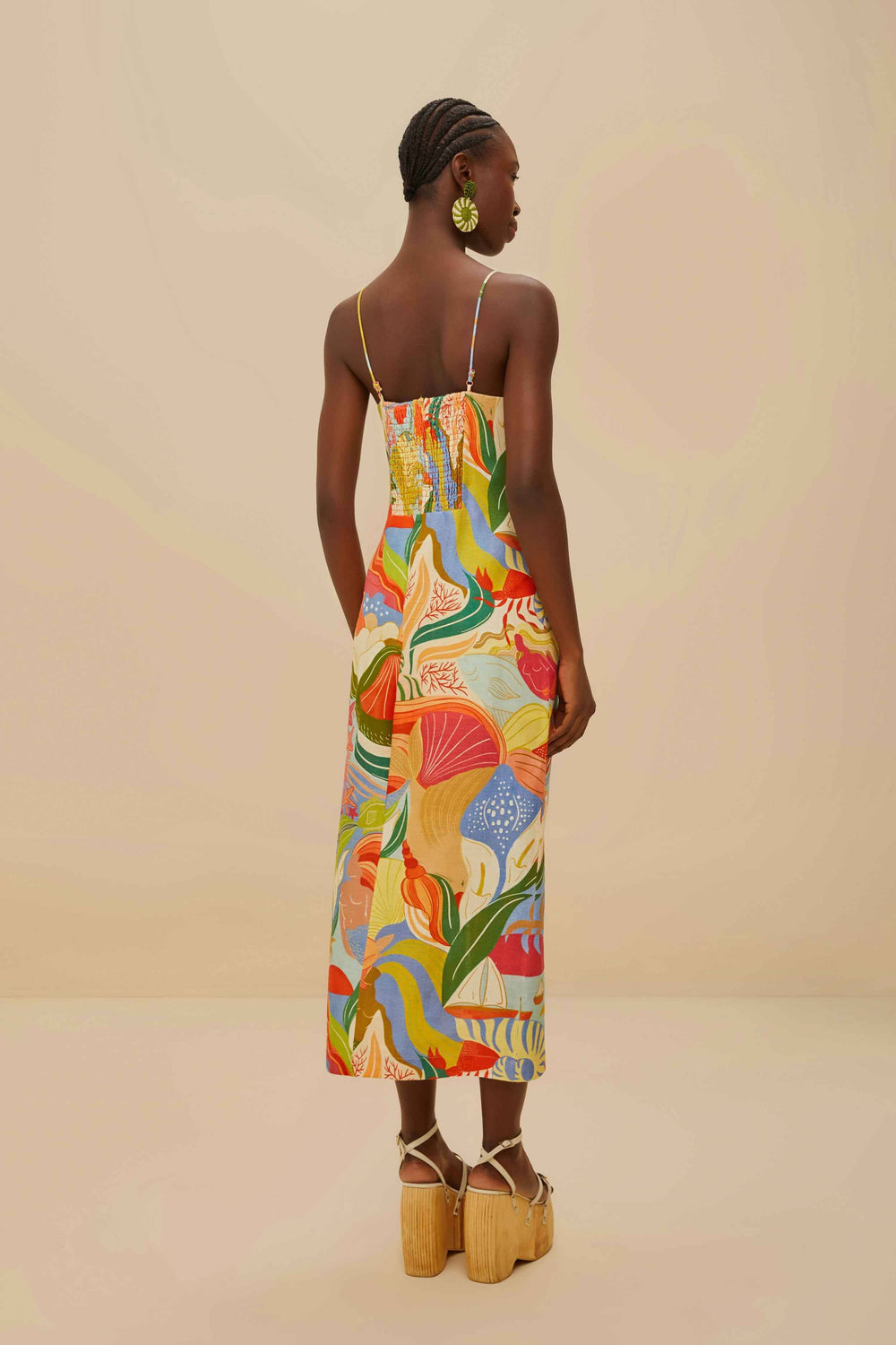 Multicolor Ocean View Twisted Cups Euroflax™ Premium Linen Midi Dress – FARM Rio