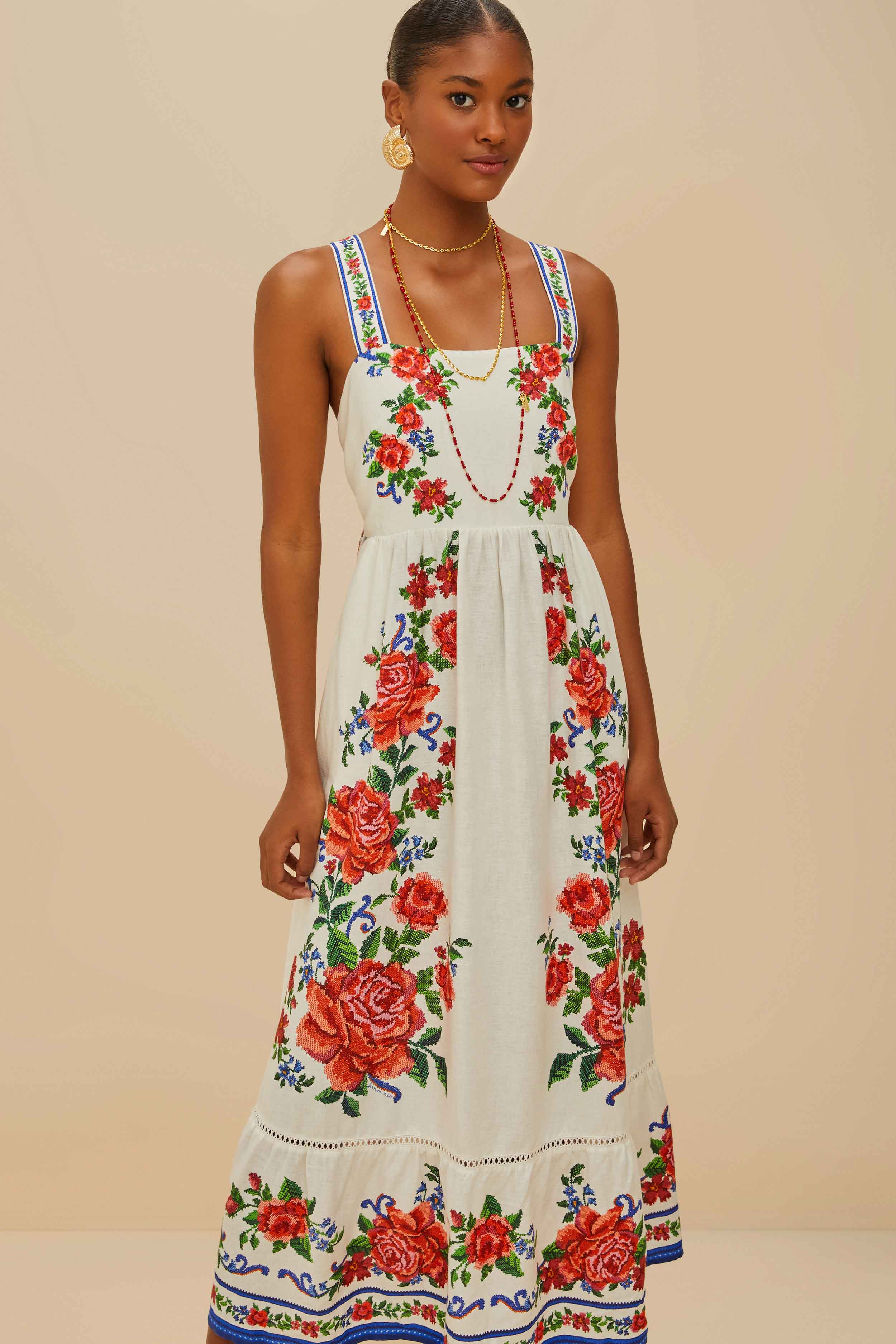 Off-White Flower Tapestry LENZING™ ECOVERO™ Euroflax™ Maxi Dress – FARM Rio