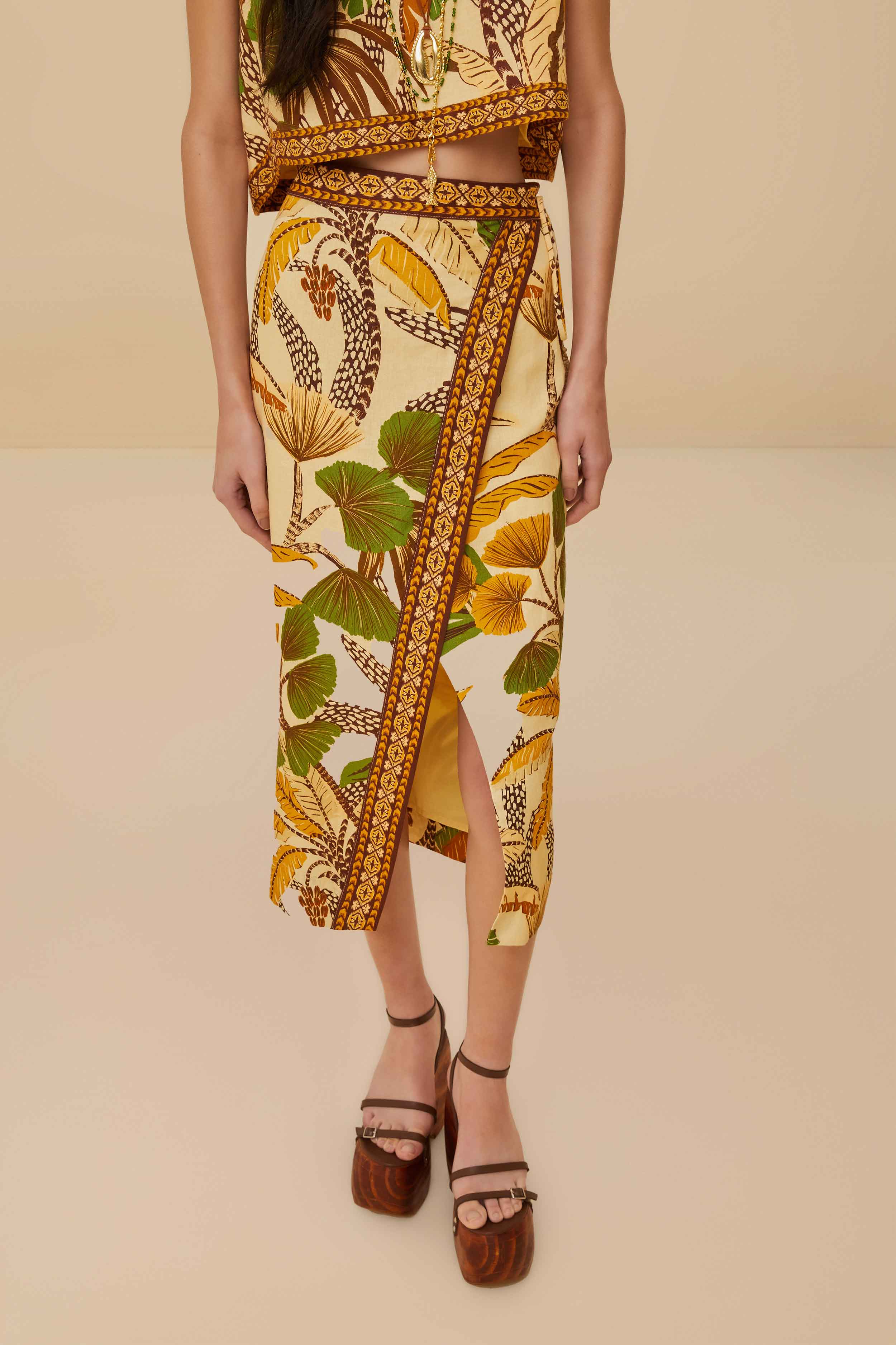 Sand Foliage Sketch LENZING™ ECOVERO™ Euroflax™ Midi Skirt – FARM Rio