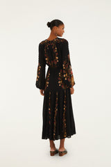 Black Berry Garden Long Sleeve Pleated Maxi Dress