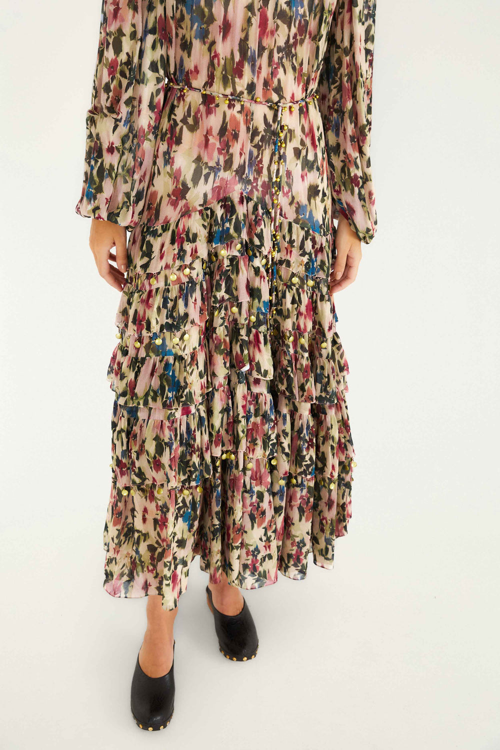 Pink Blurred Tiny Flowers Long Sleeve Maxi Dress