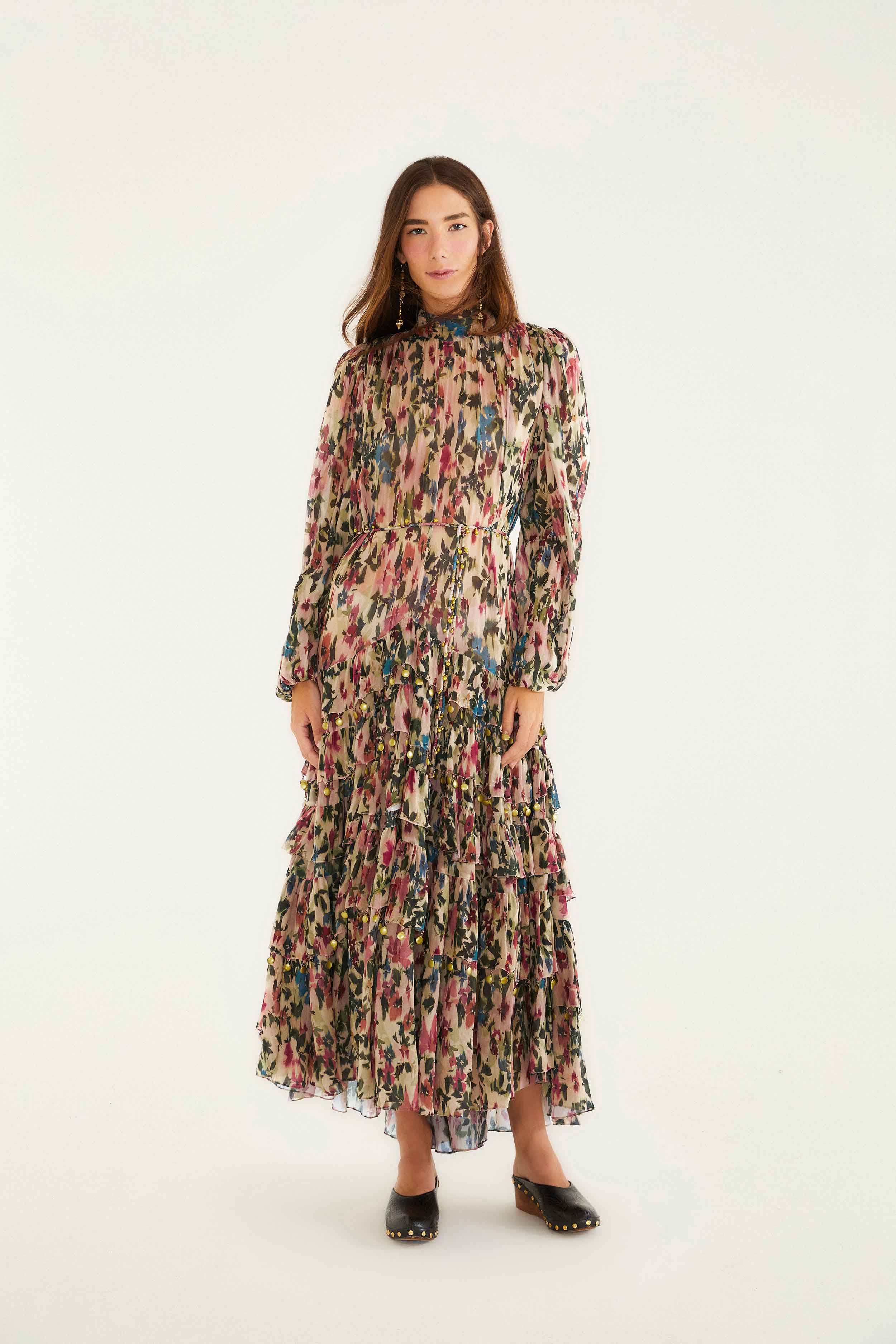 Pink Blurred Tiny Flowers Long Sleeve Maxi Dress