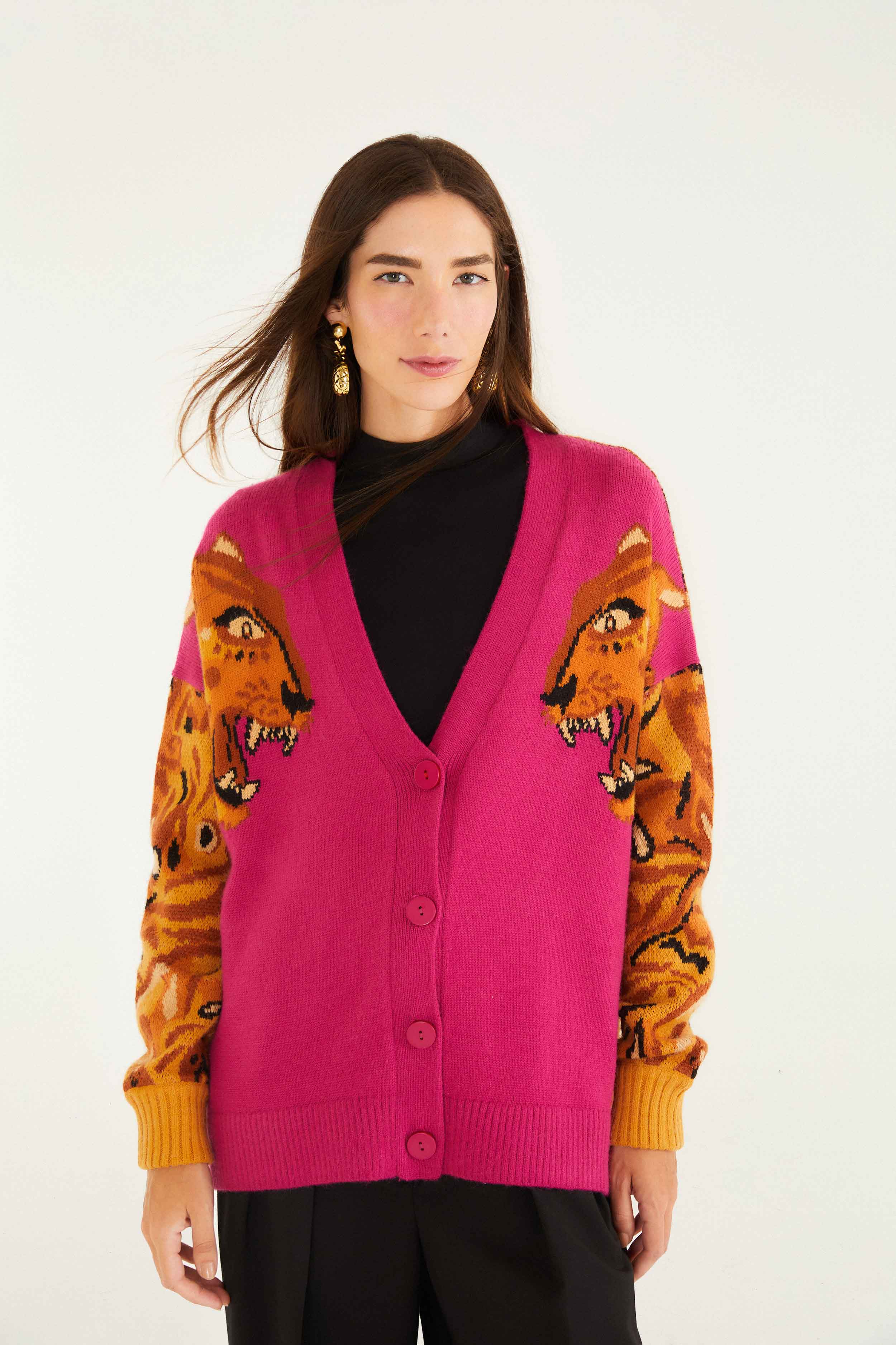 Pink Bold Tiger Buttoned Knit Cardigan