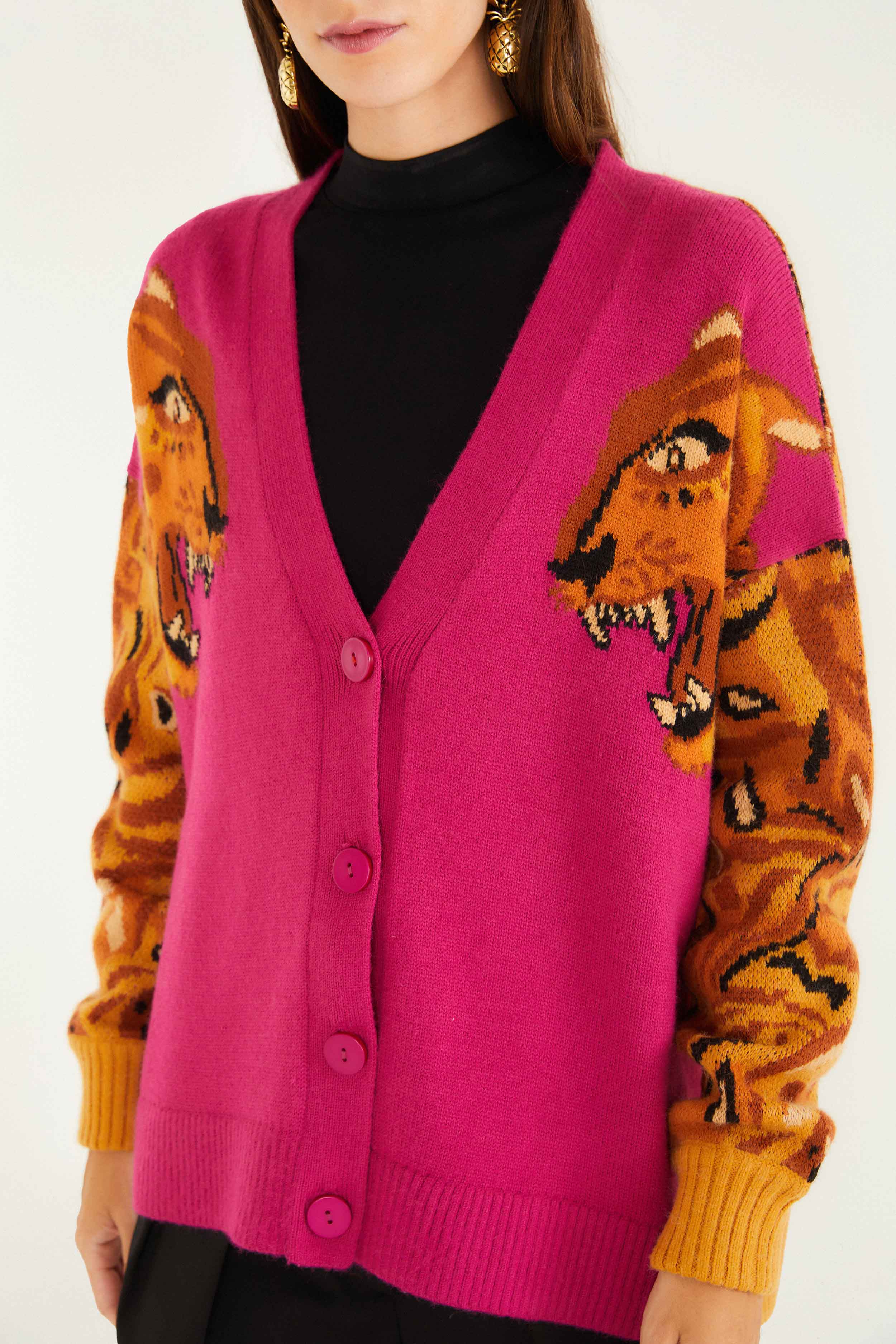 Pink Bold Tiger Buttoned Knit Cardigan