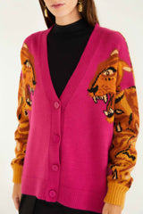Pink Bold Tiger Buttoned Knit Cardigan