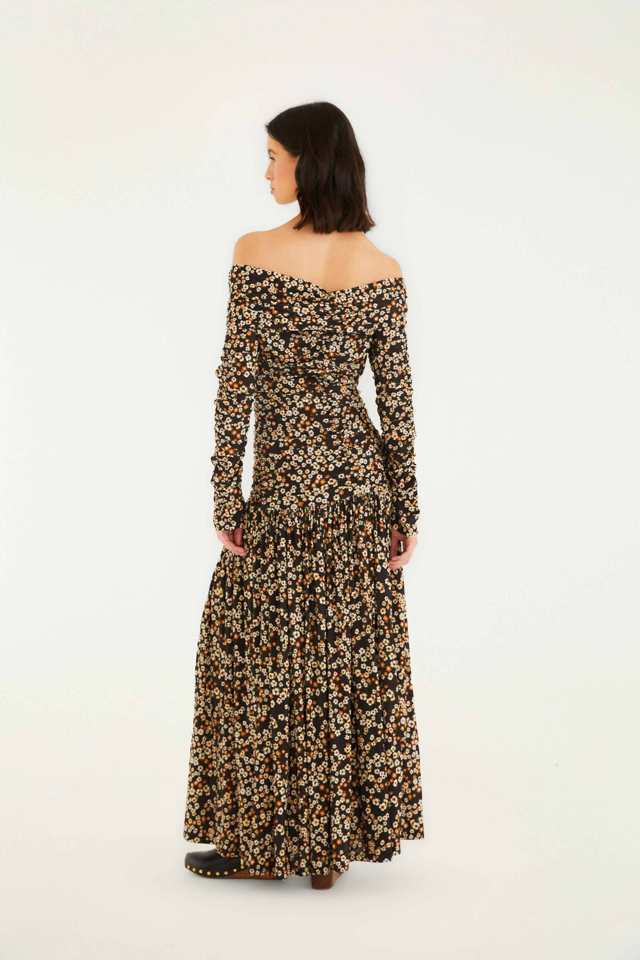 Black Tiny Flowers Long Sleeve Maxi Dress