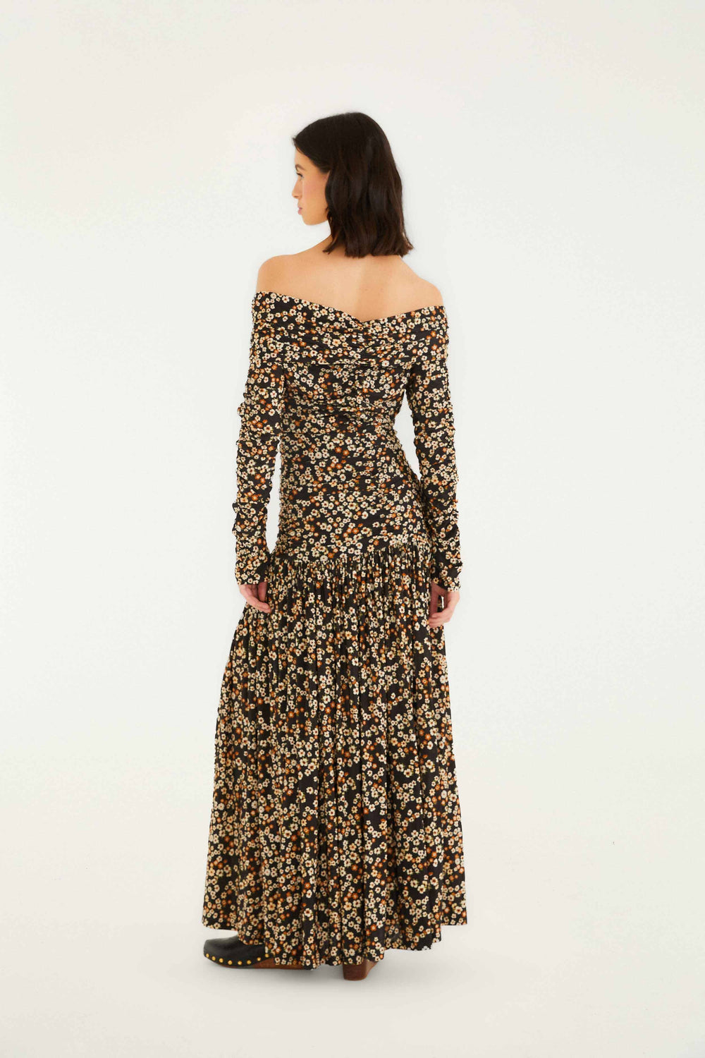 Black Tiny Flowers Long Sleeve Maxi Dress