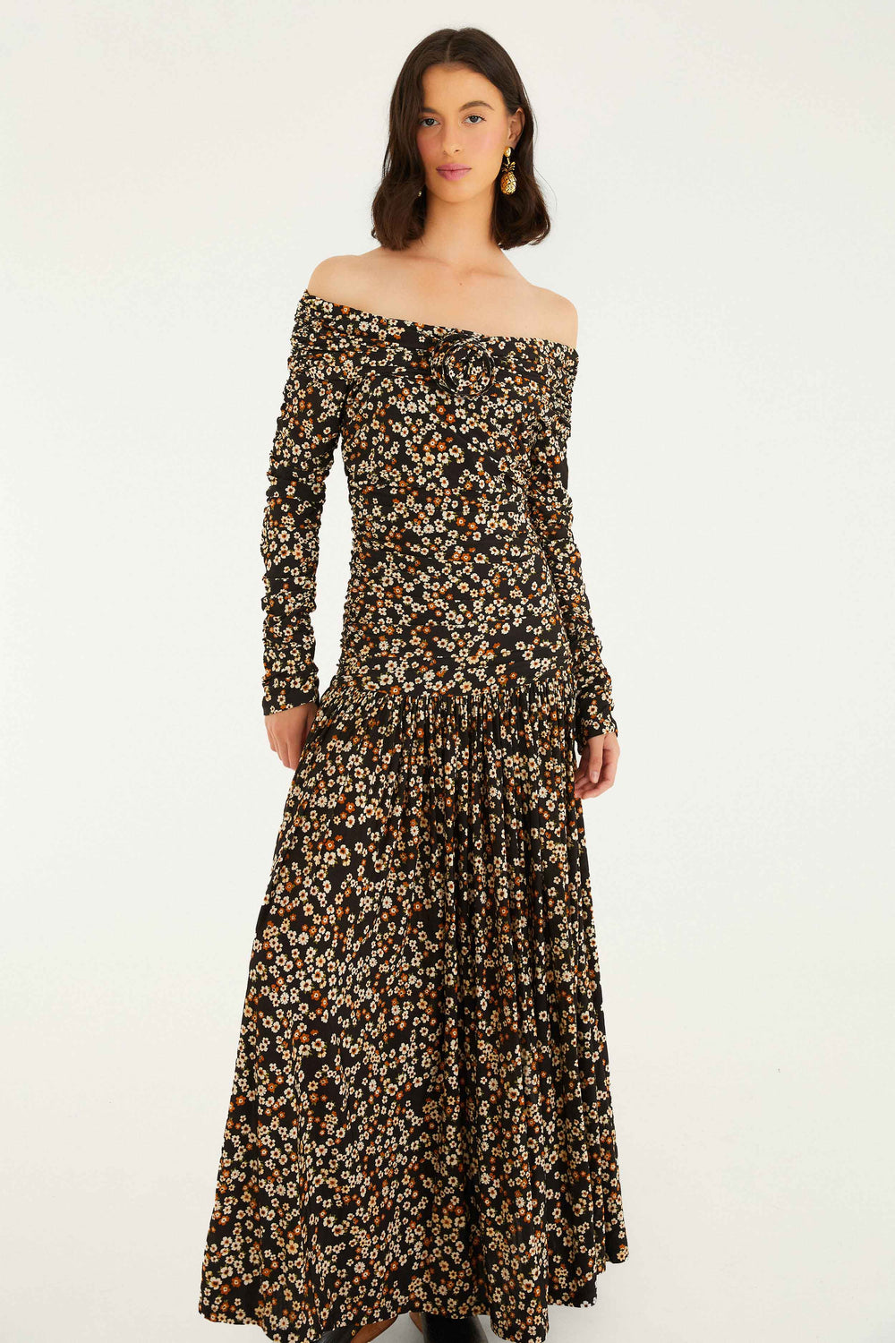 Black Tiny Flowers Long Sleeve Maxi Dress