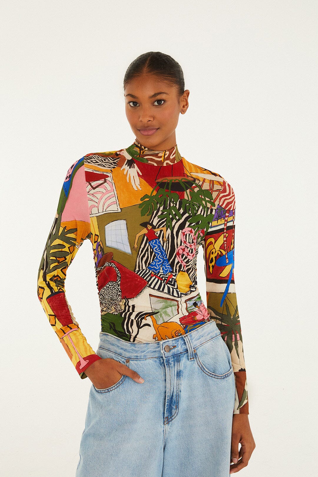 Multicolor Tropical Long Sleeve Turtleneck Blouse