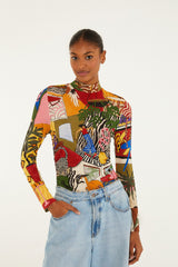 Multicolor Tropical Long Sleeve Turtleneck Blouse