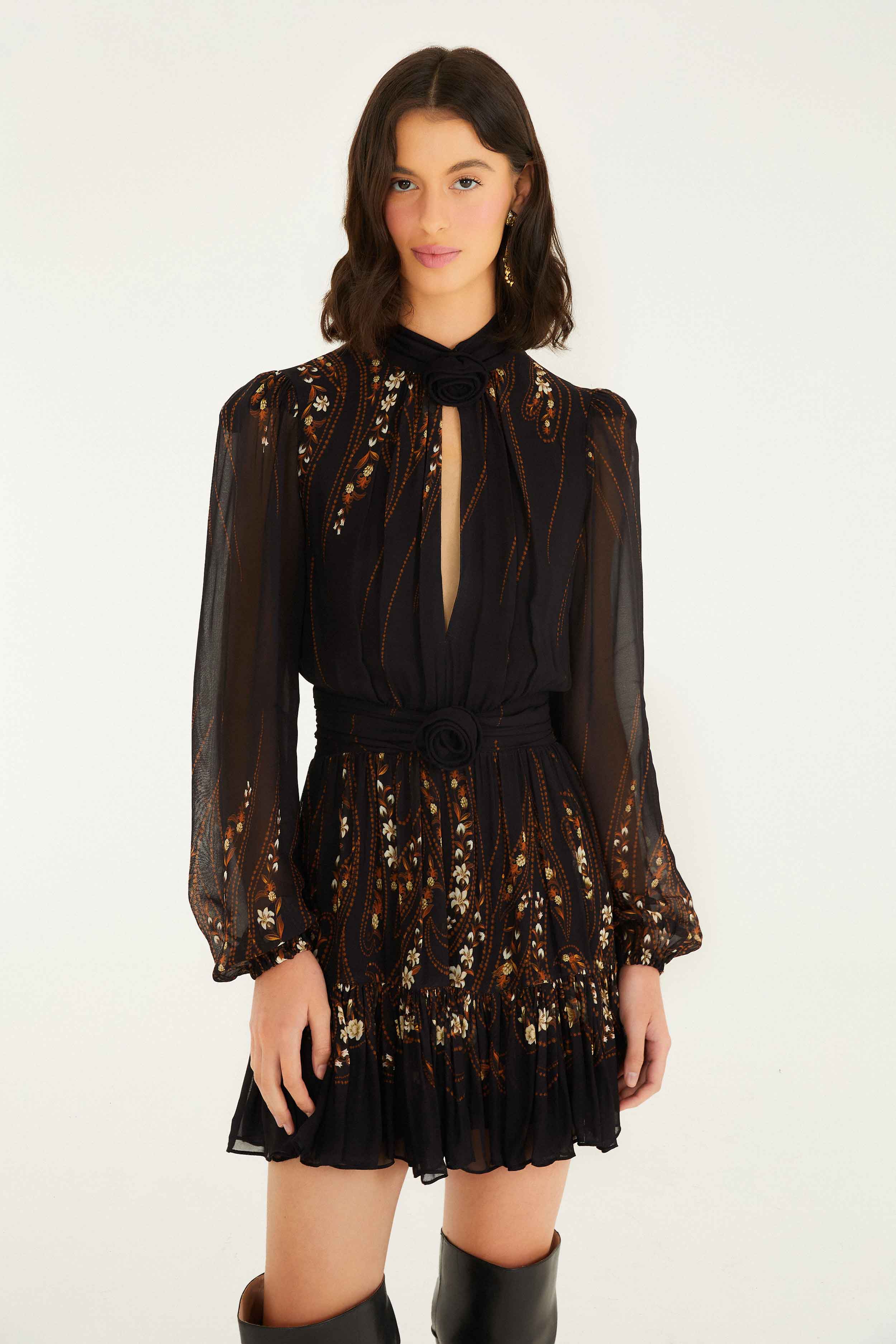 Black Garden 3d Rose Long Sleeve Ruffled Mini Dress