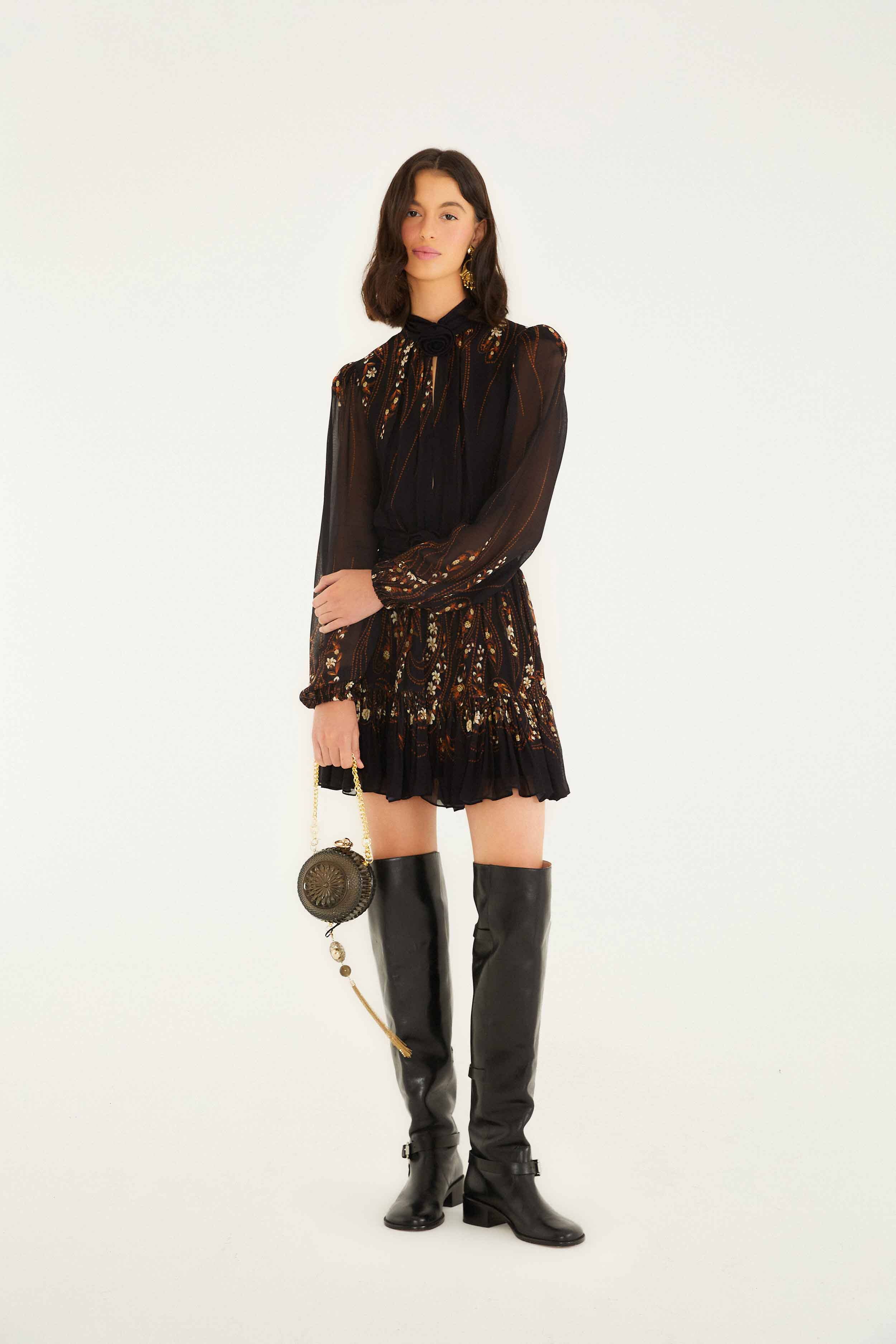 Black Garden 3d Rose Long Sleeve Ruffled Mini Dress