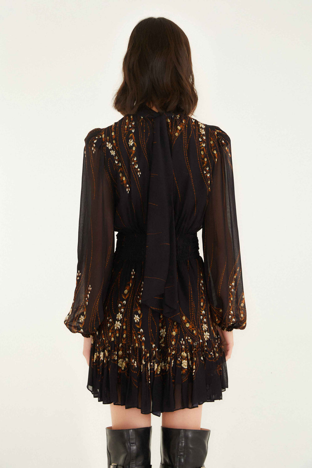 Black Garden 3d Rose Long Sleeve Ruffled Mini Dress