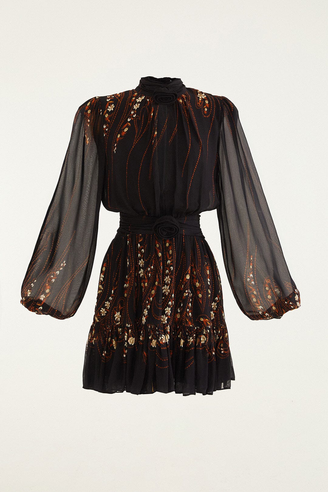 Black Garden 3d Rose Long Sleeve Ruffled Mini Dress