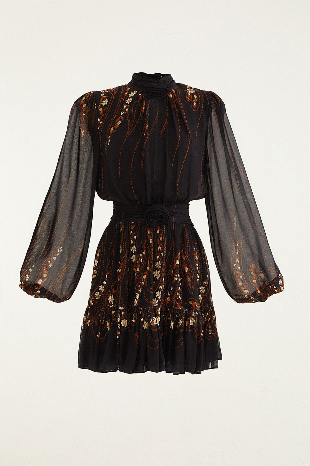 Black Garden 3d Rose Long Sleeve Ruffled Mini Dress