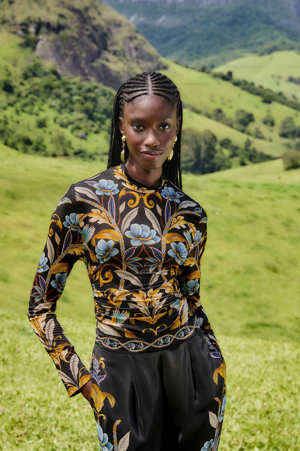 Black Flowerful Garden Jersey Blouse