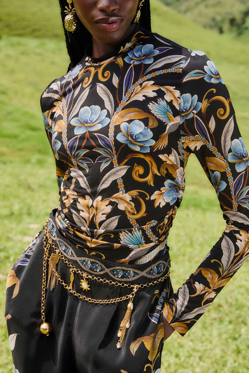 Black Flowerful Garden Jersey Blouse