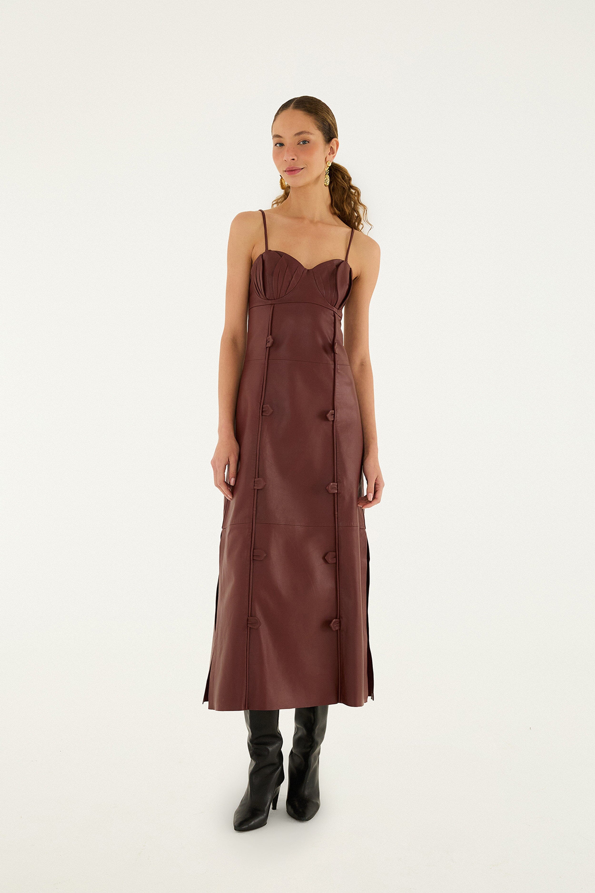 Burgundy 3d Flower Side Slit Leather Midi Dress