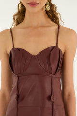 Burgundy 3d Flower Side Slit Leather Midi Dress