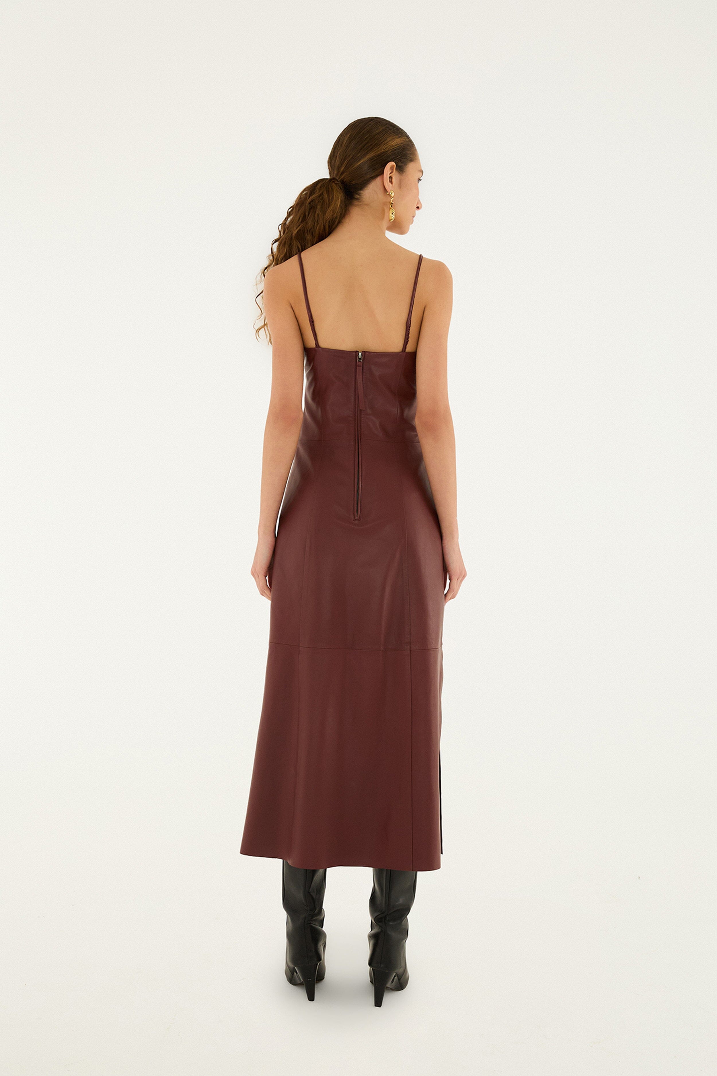 Burgundy 3d Flower Side Slit Leather Midi Dress